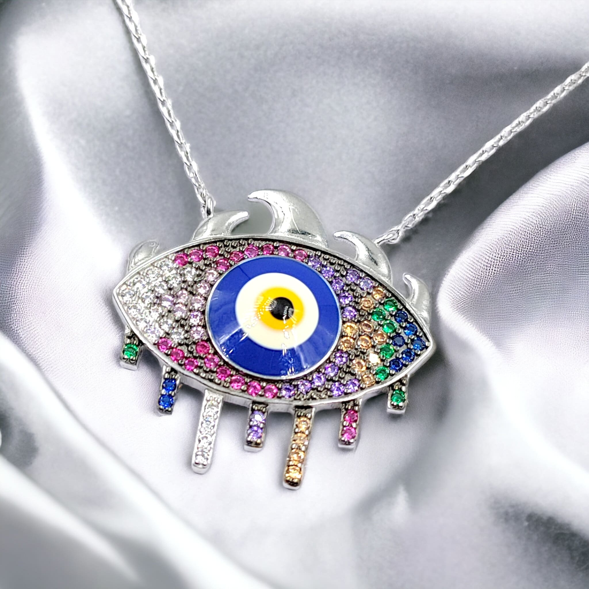 Stylish Unique Round Big Blue Silver Evil Eye Necklace Mulicolor CZ Pendant Chain for Women Minimalist Handmade Gift for Good Luck