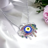 Stylish Unique Round Big Blue Silver Evil Eye Necklace Mulicolor CZ Pendant Chain for Women Minimalist Handmade Gift for Good Luck