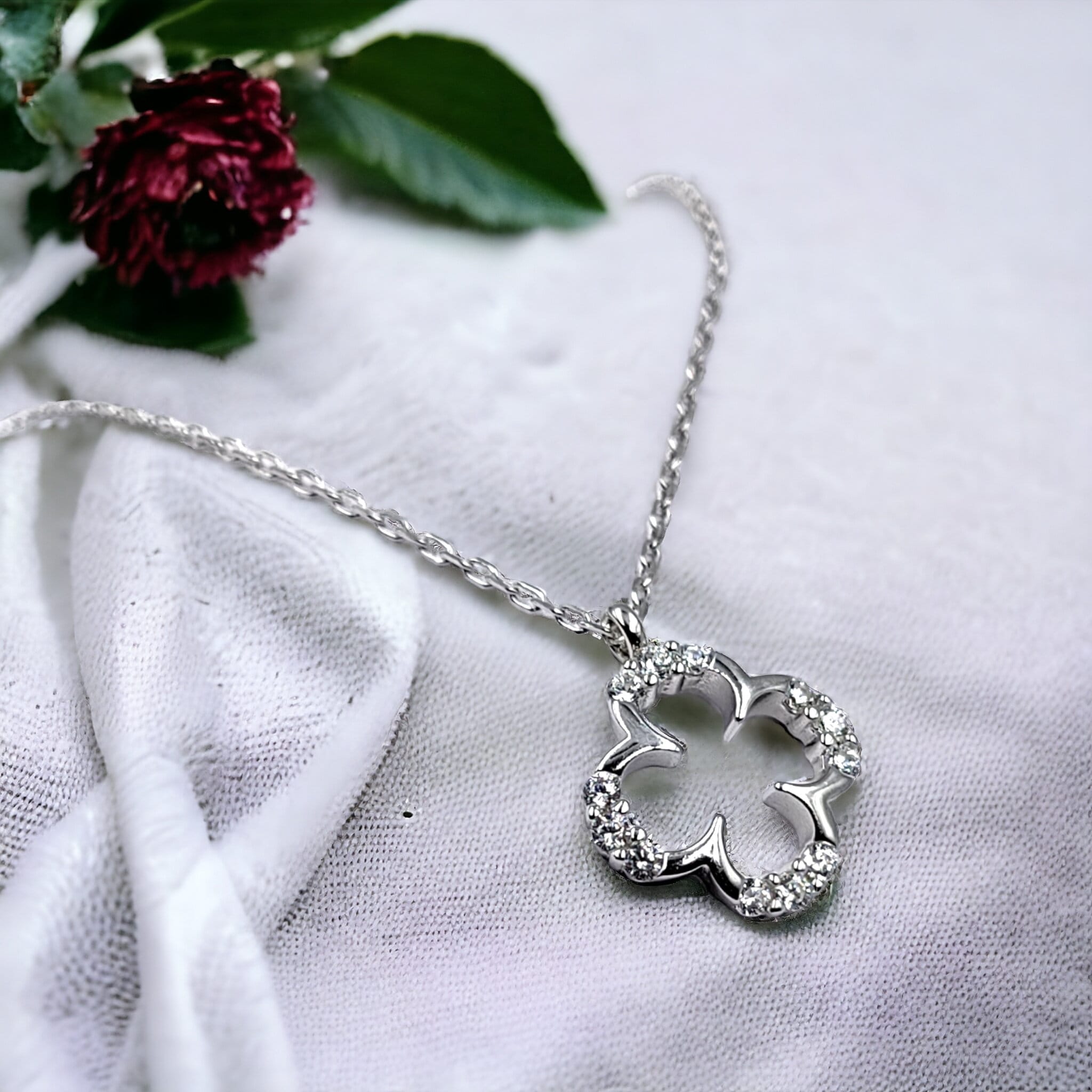 925 Solid Silver Little Clover Charm CZ Outline Pendant Chain Set for Women Beautiful Necklace Minimalist Handmade Gift