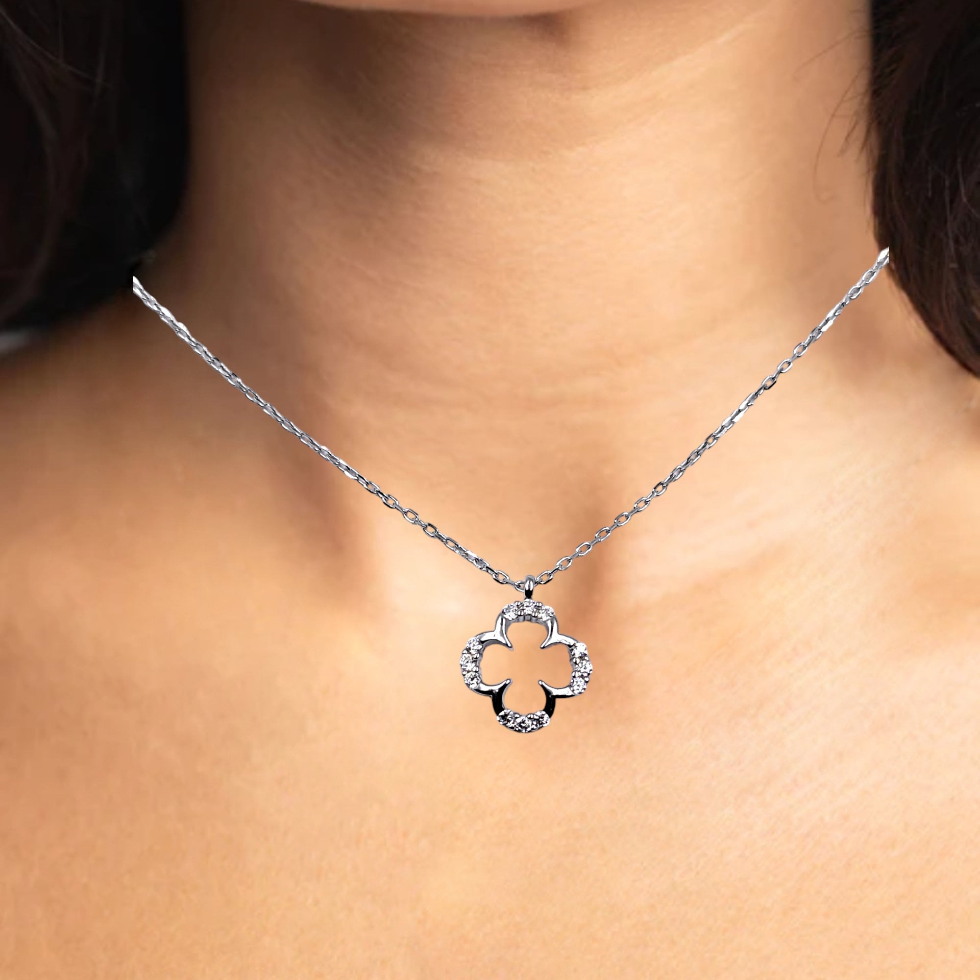 925 Solid Silver Little Clover Charm CZ Outline Pendant Chain Set for Women Beautiful Necklace Minimalist Handmade Gift