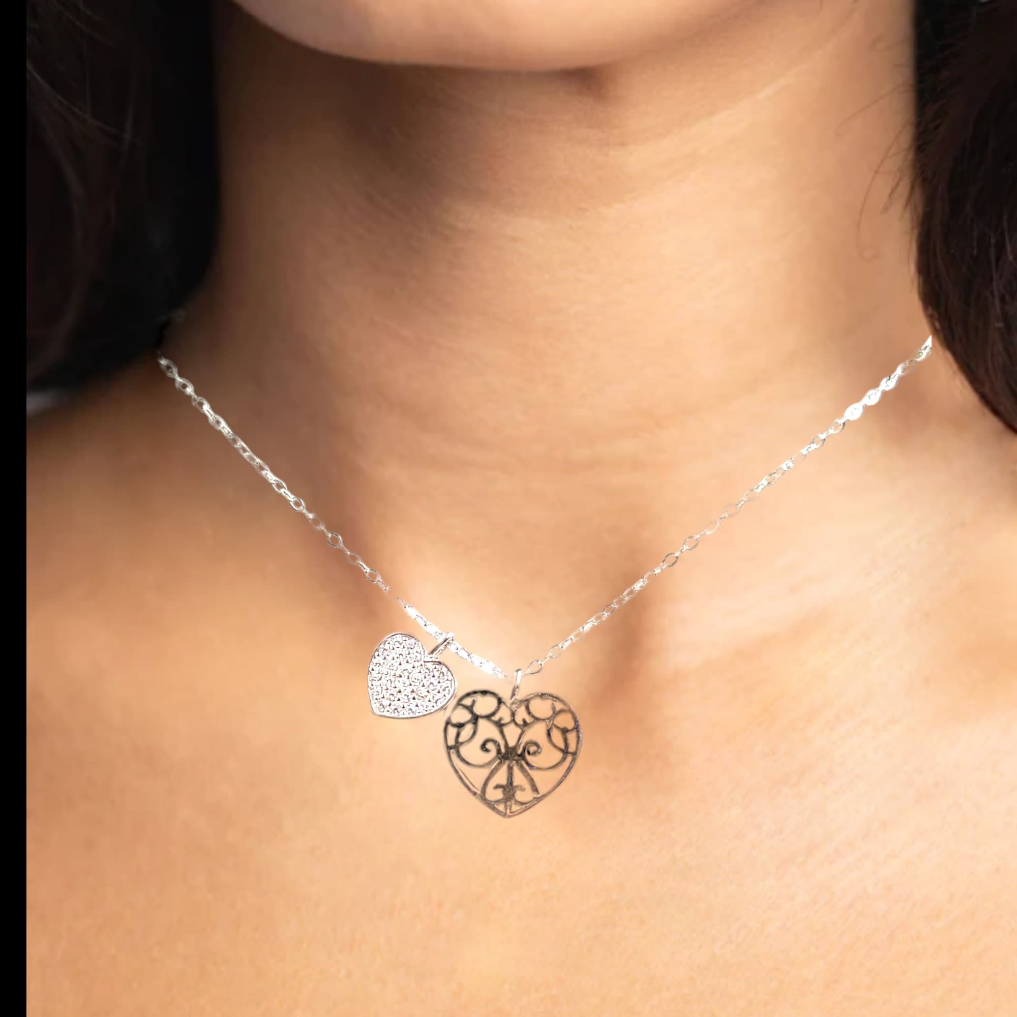 925 Sterling Silver Double Heart Pendant Necklace Set Lovely Twin Heart Jewellery Minimalist Handmade Gift for lover