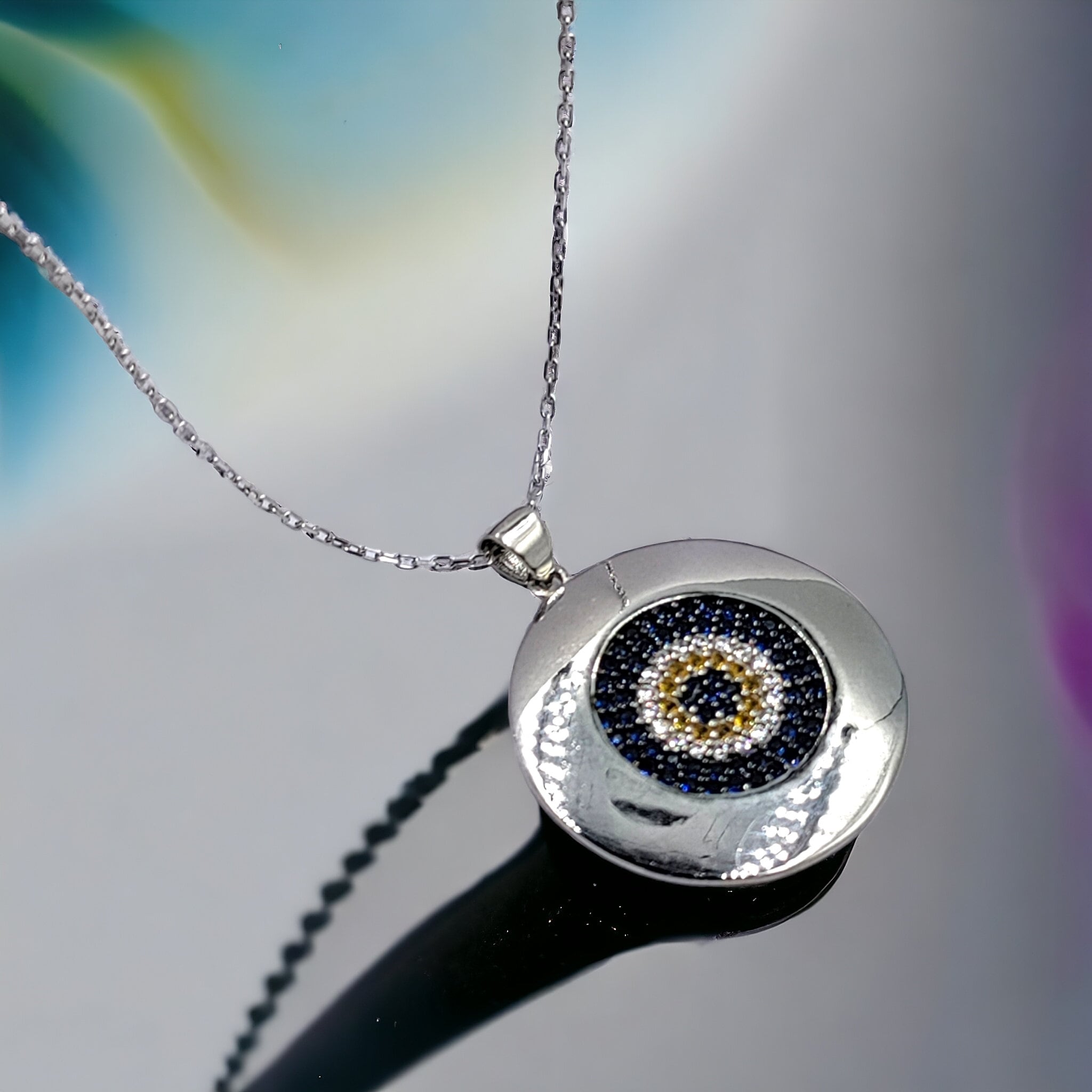 925 Solid Silver CZ Evil Eye Round Pendant Chain Necklace for Women Minimalist Handmade Gift for Good Luck Boho Jewellery