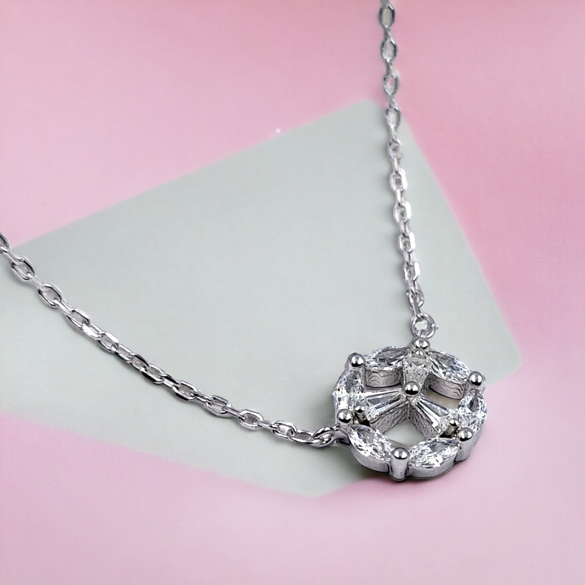 925 Sterling Silver Little Floral Charm CZ Round Pendant Chain Set for Daughter,Sister,Wife Beautiful Necklace Minimalist Handmade Gift