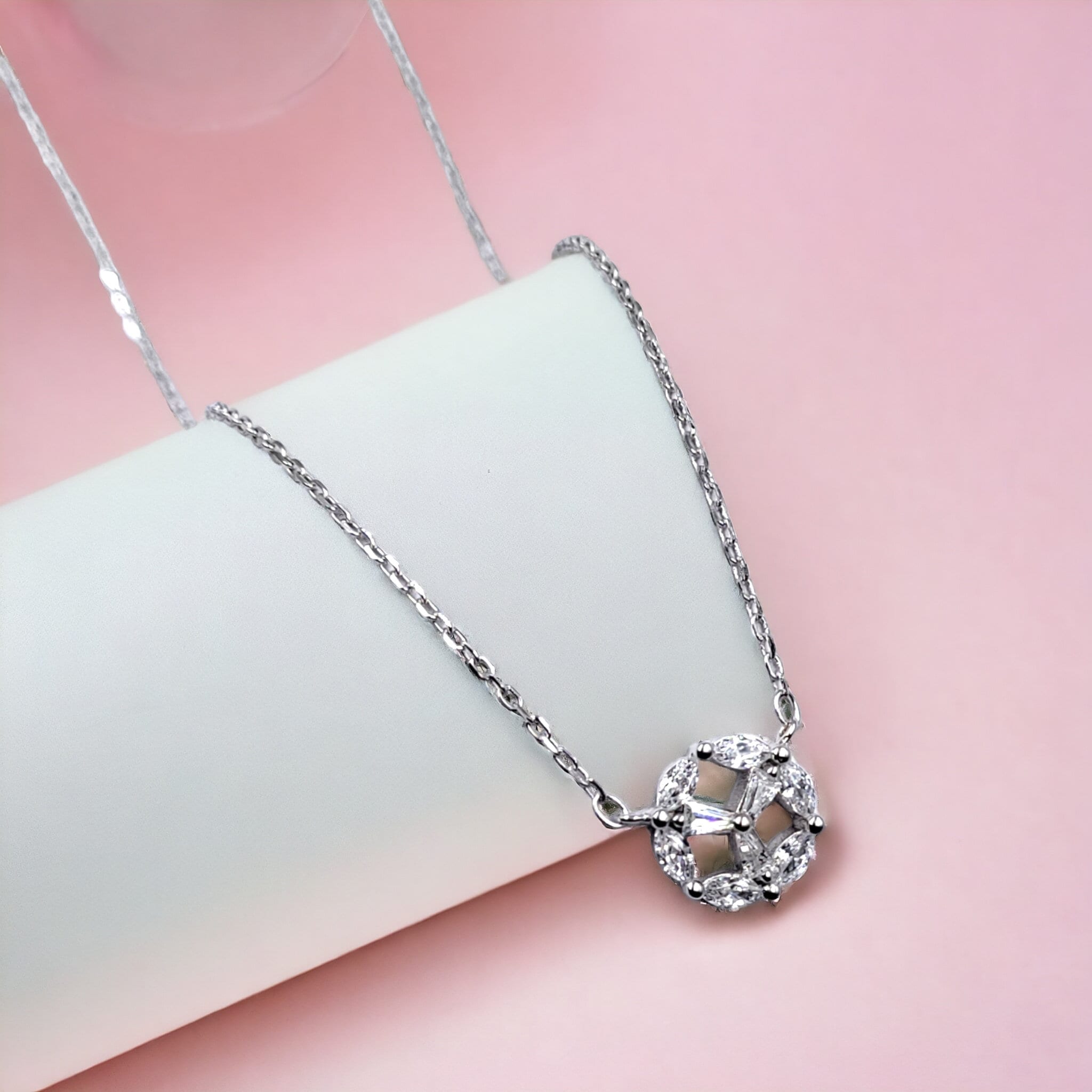 925 Sterling Silver Little Floral Charm CZ Round Pendant Chain Set for Daughter,Sister,Wife Beautiful Necklace Minimalist Handmade Gift