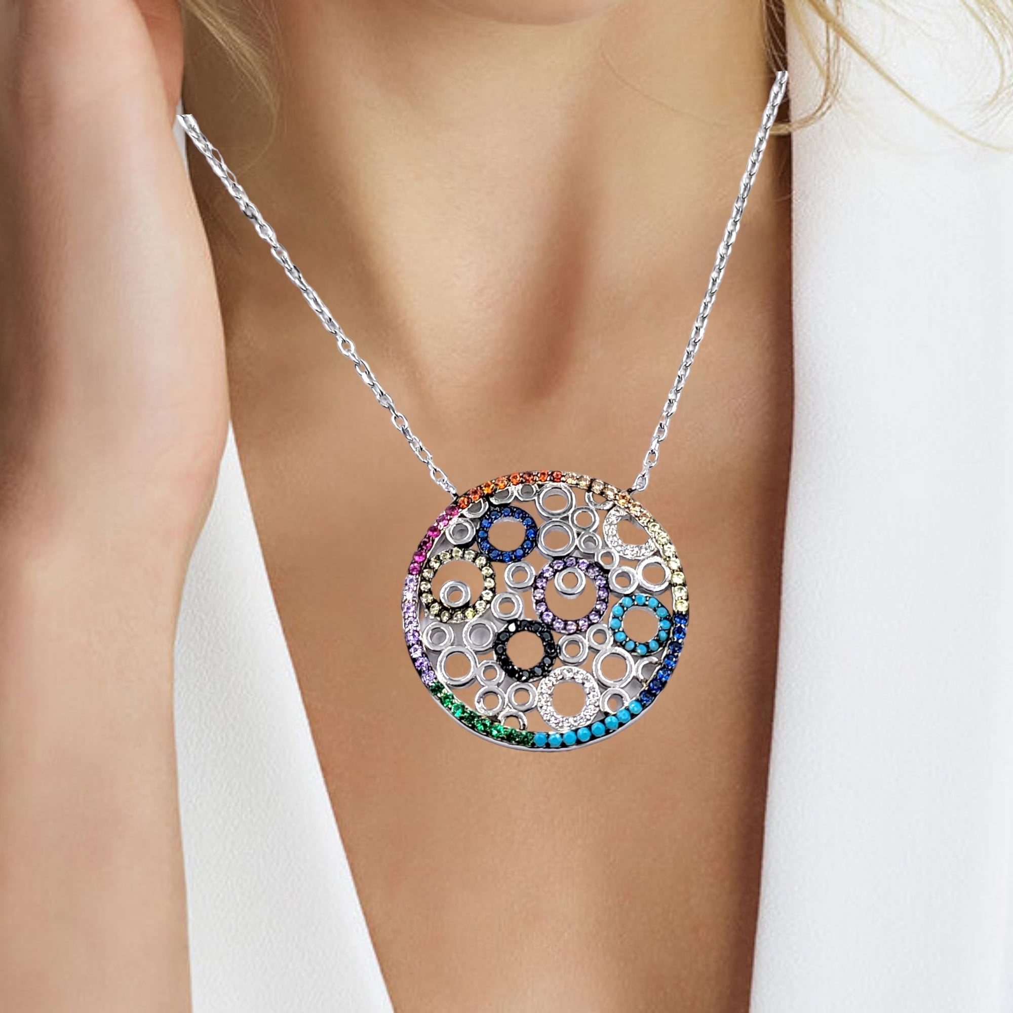925 Solid Silver and Multi color Cubic Zirconia Circles Pendant Chain Set Unique Minimalist Handmade Gift for her/him