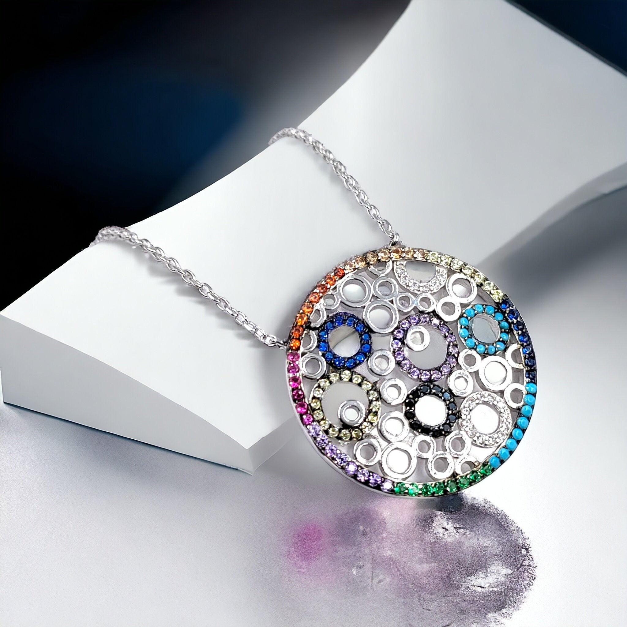 925 Solid Silver and Multi color Cubic Zirconia Circles Pendant Chain Set Unique Minimalist Handmade Gift for her/him