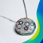 925 Solid Silver and Multi color Cubic Zirconia Circles Pendant Chain Set Unique Minimalist Handmade Gift for her/him