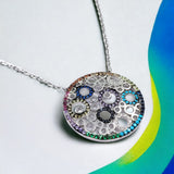 925 Solid Silver and Multi color Cubic Zirconia Circles Pendant Chain Set Unique Minimalist Handmade Gift for her/him