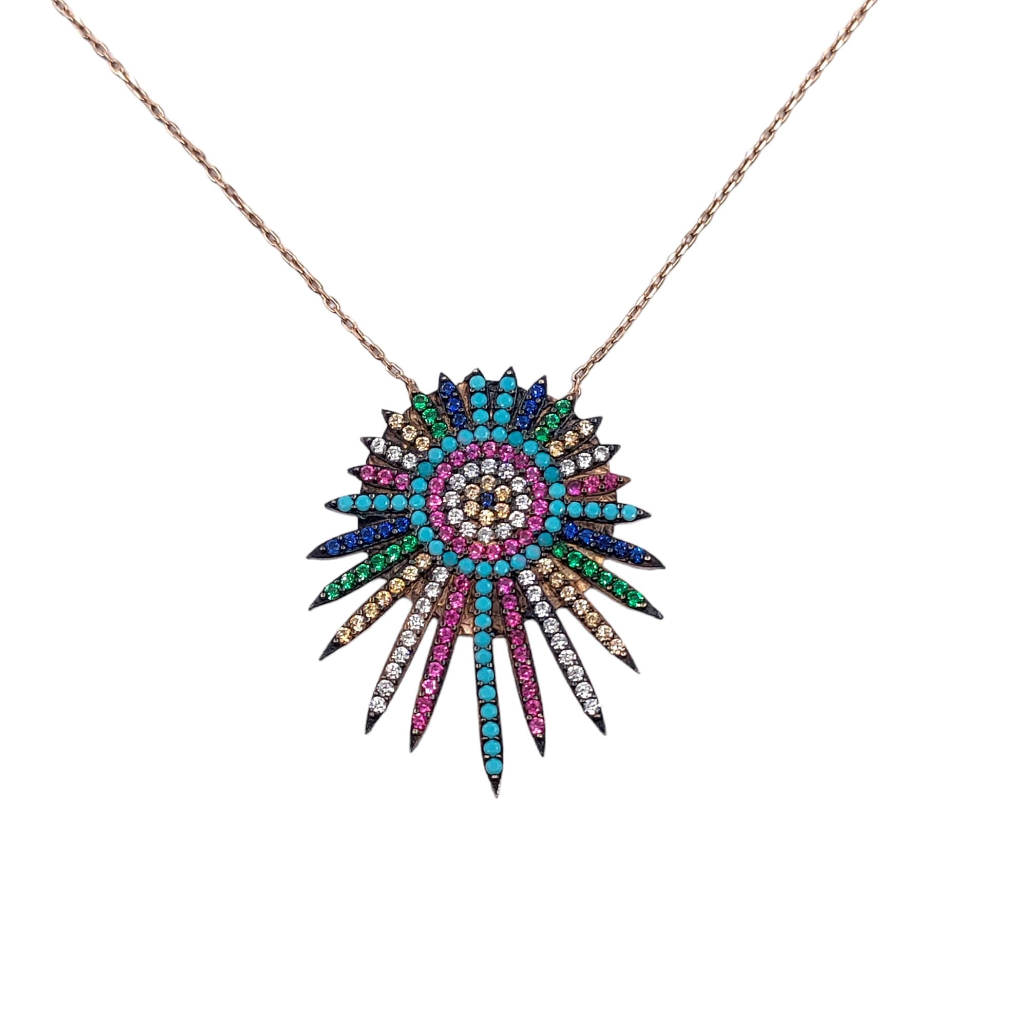 925 Sterling Silver Cubic Zirconia Sun Shaped Multicolor Silver Evil Eye Pendant Chain Set for Women Minimalist Handmade Gift for Protection