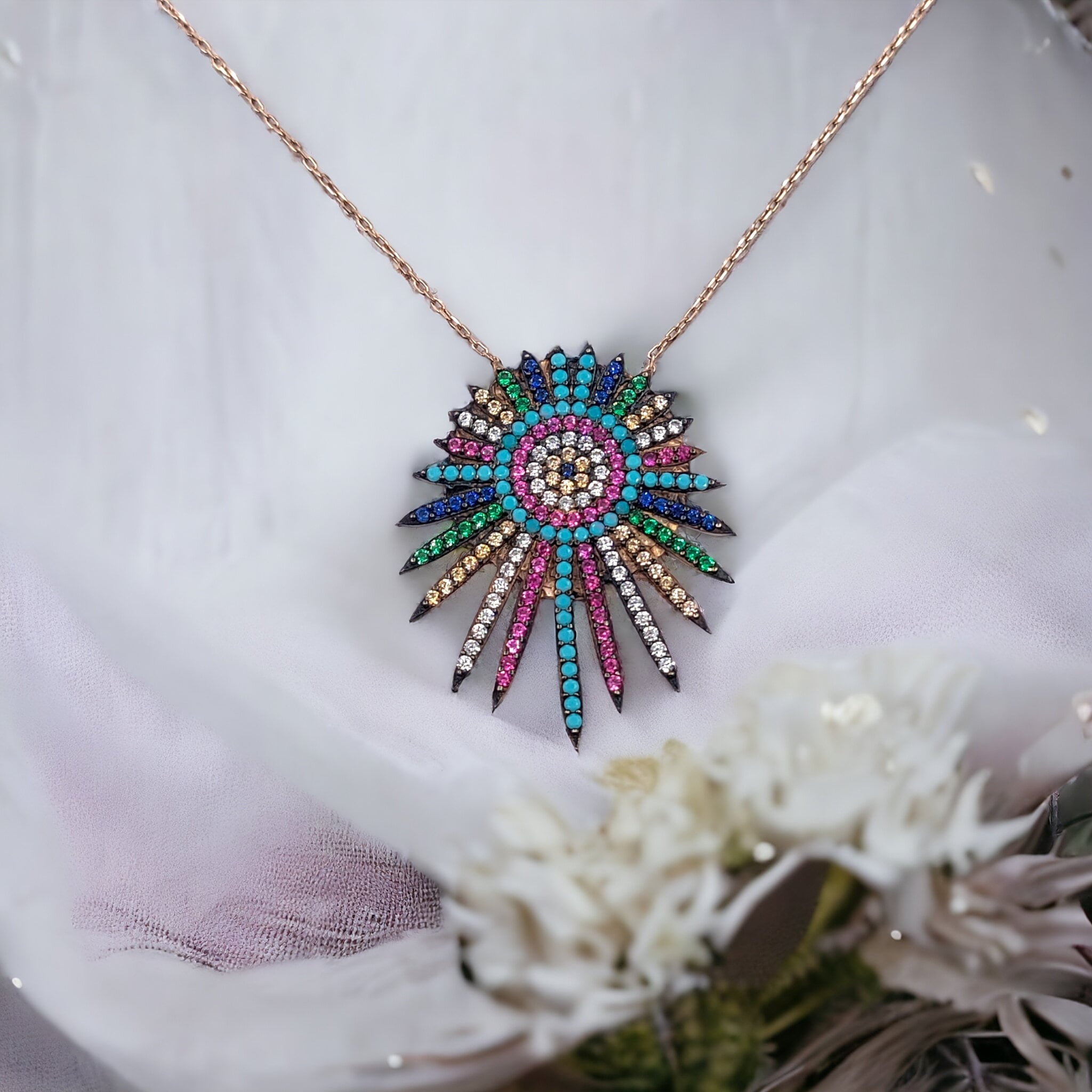 925 Sterling Silver Cubic Zirconia Sun Shaped Multicolor Silver Evil Eye Pendant Chain Set for Women Minimalist Handmade Gift for Protection