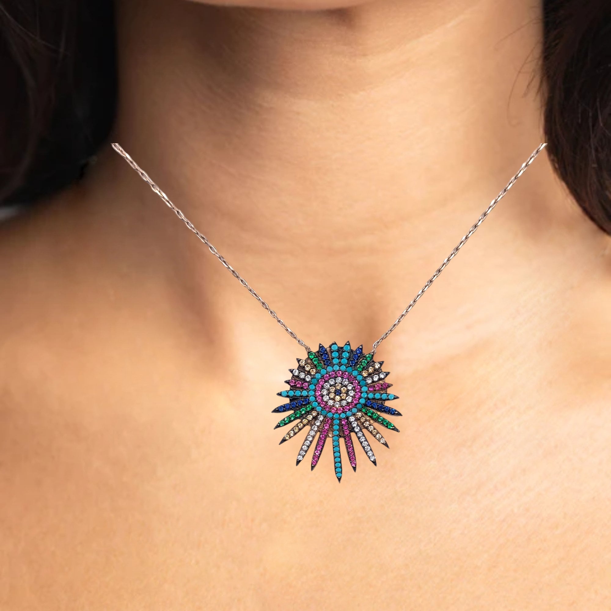 925 Sterling Silver Cubic Zirconia Sun Shaped Multicolor Silver Evil Eye Pendant Chain Set for Women Minimalist Handmade Gift for Protection