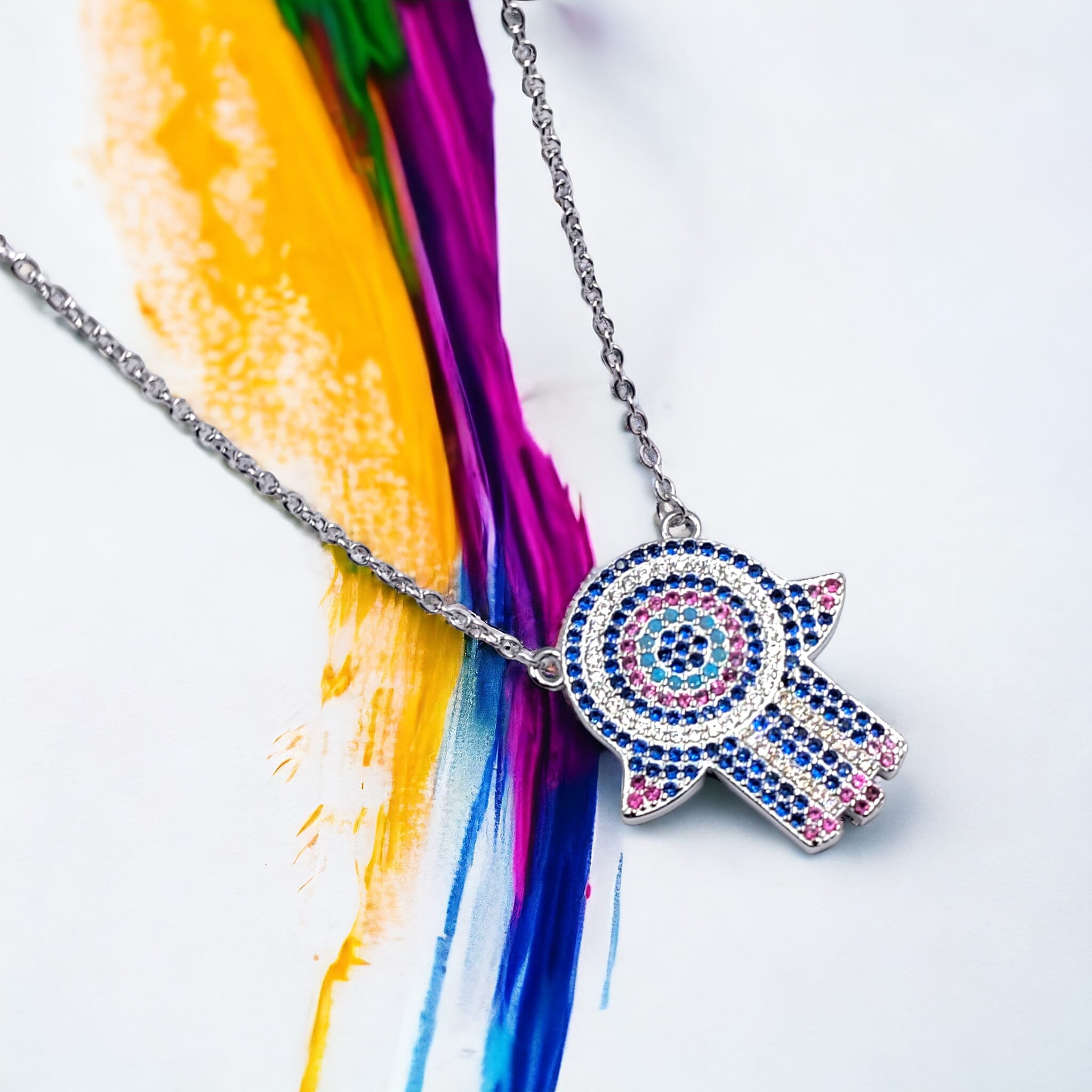 Good Luck Gift Evil Eye Spiritual Symbol Hamsa Hand Pendant and chain set 925 Solid Silver CZ Evil Eye Necklace Handmade Gift Boho Jewelry