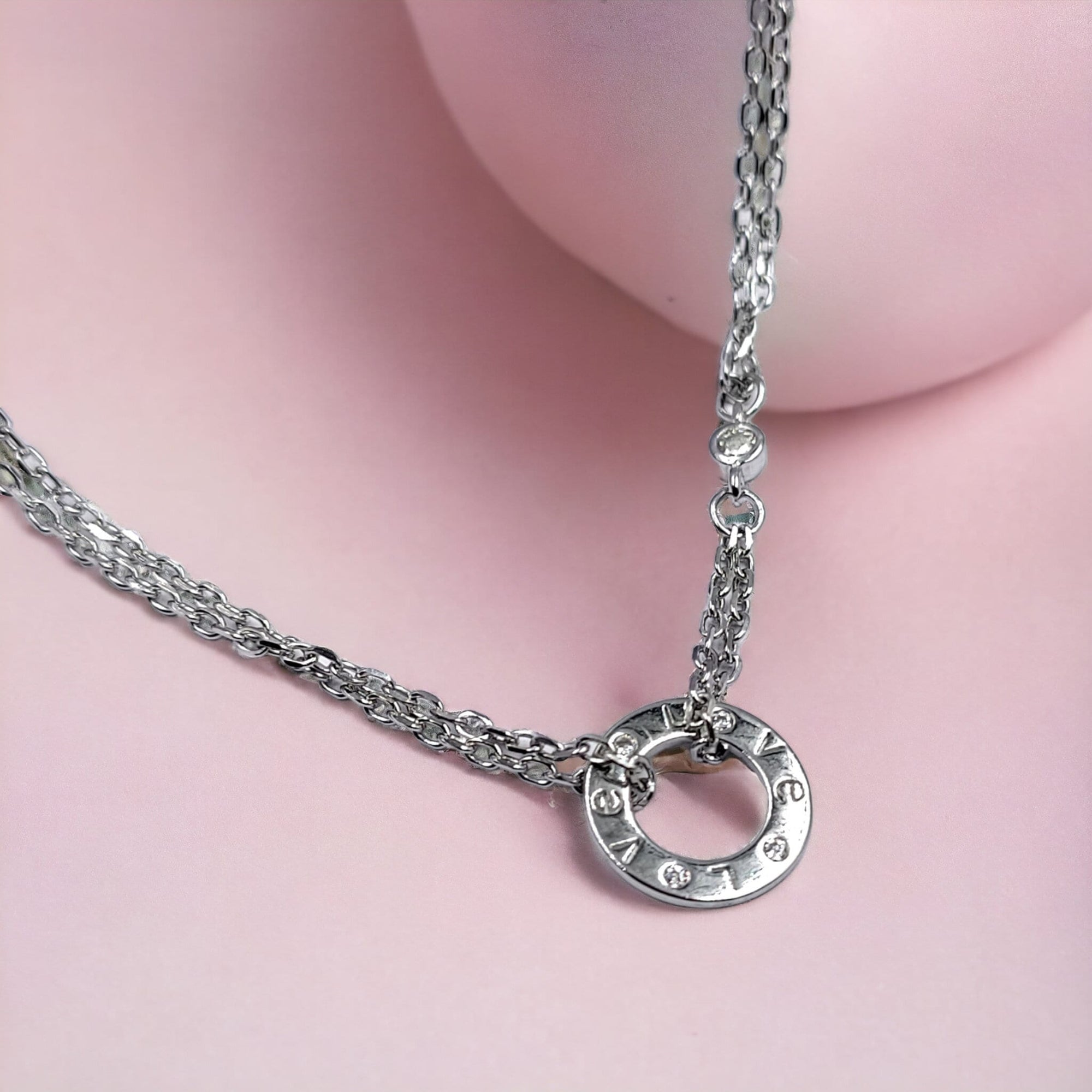 925 Sterling Silver CZ Round Circle with Love Written Unisex Necklace Pendant set Beautiful Minimalist Handmade Gift for lover