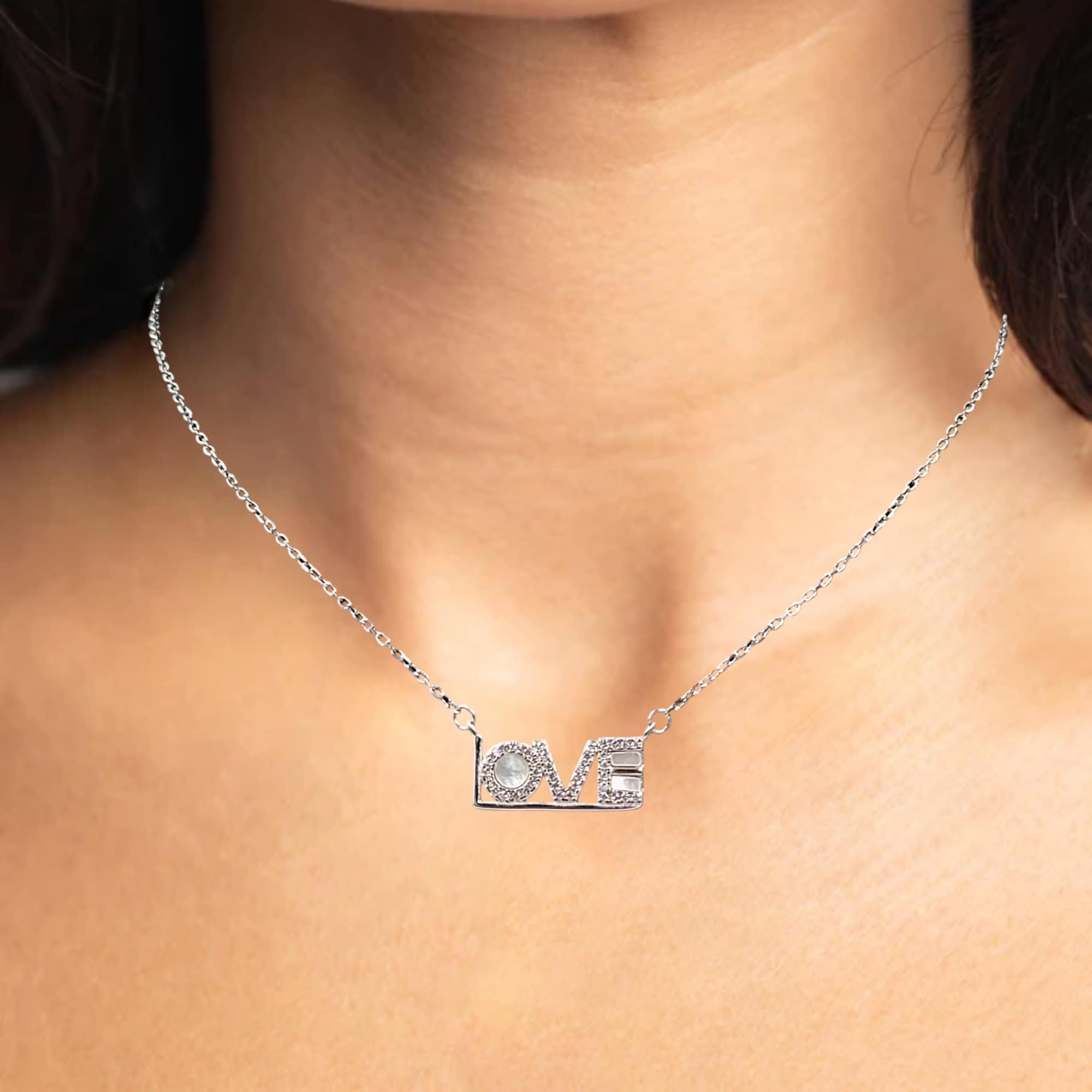 925 Sterling Silver Cubic Zirconia Love Written Unisex Necklace Pendant set Beautiful Minimalist Handmade Gift for lover