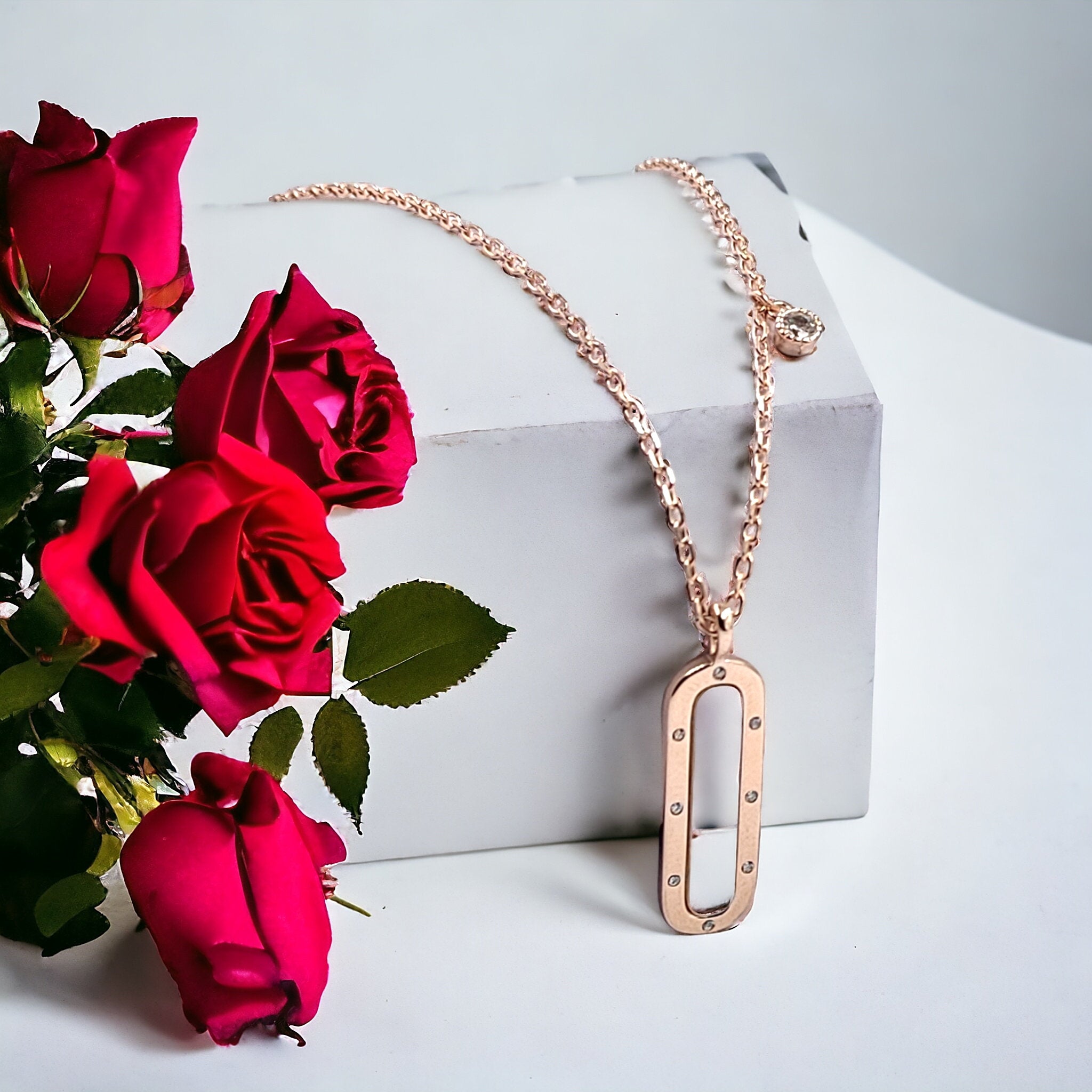 925 Sterling Silver Oval Shaped Rose gold plated Pendant with CZ Necklace set Lovely Minimalist Handmade Gift for Mother,Daughter,Sister
