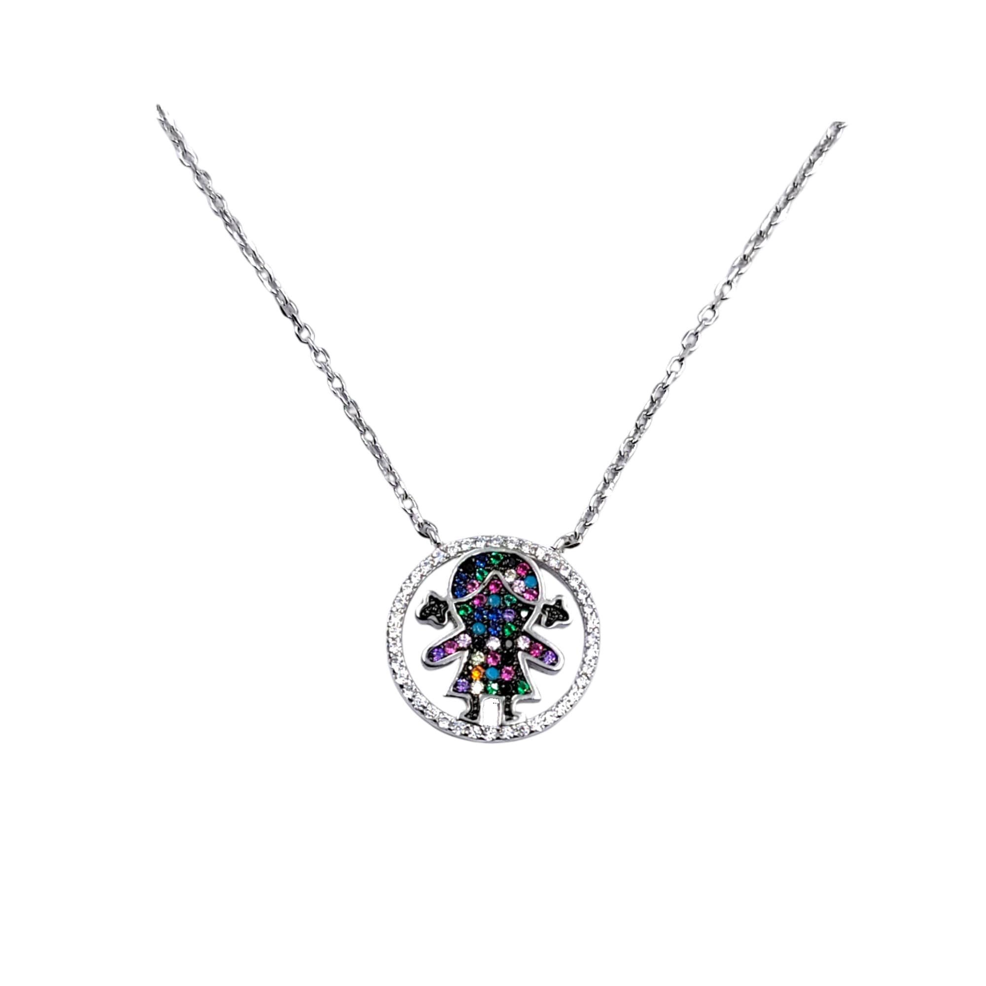 925 Sterling Silver Mutlicolor CZ Doll in the Circle Pendant Necklace Pendant set Lovely Minimalist Handmade Gift for Daughter