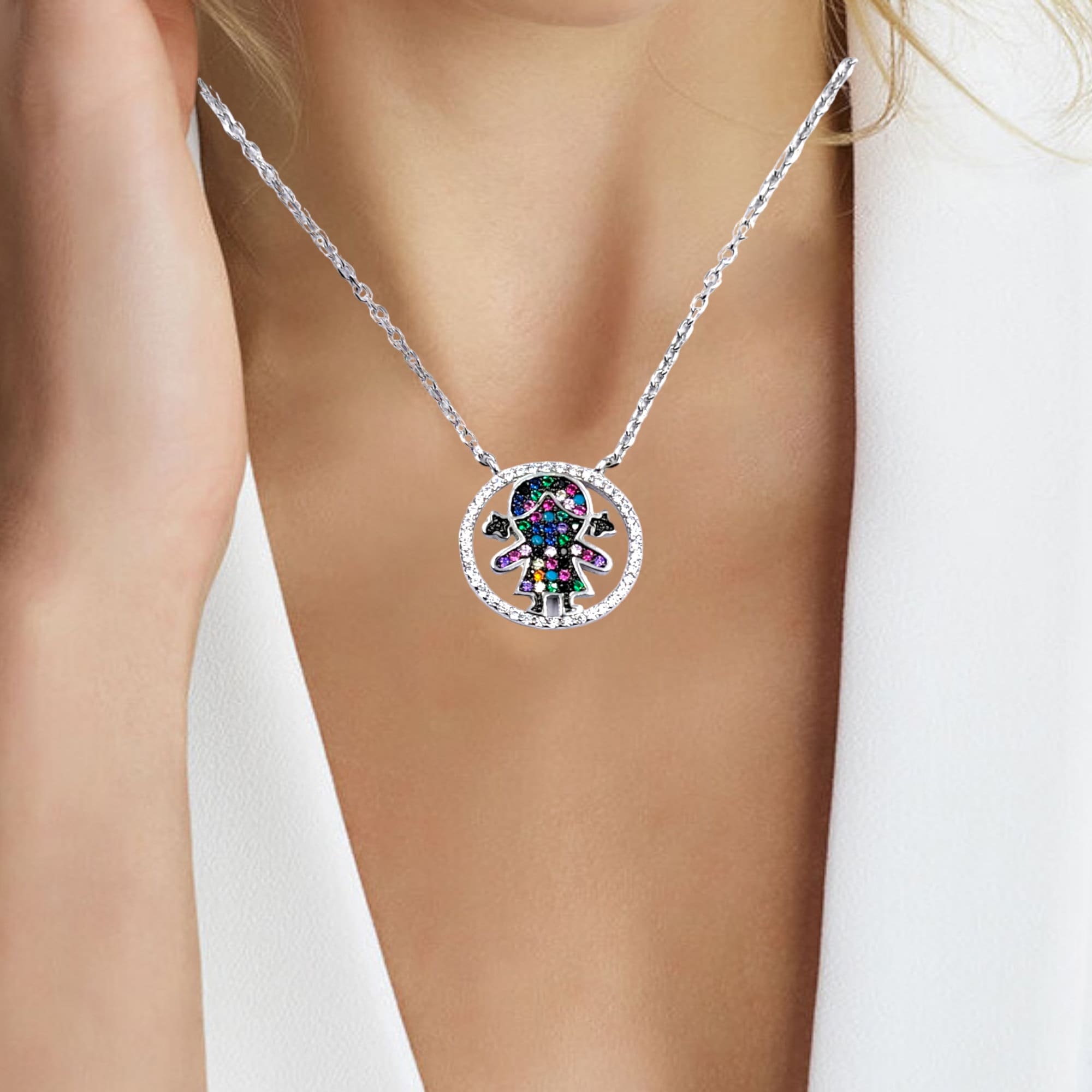 925 Sterling Silver Mutlicolor CZ Doll in the Circle Pendant Necklace Pendant set Lovely Minimalist Handmade Gift for Daughter
