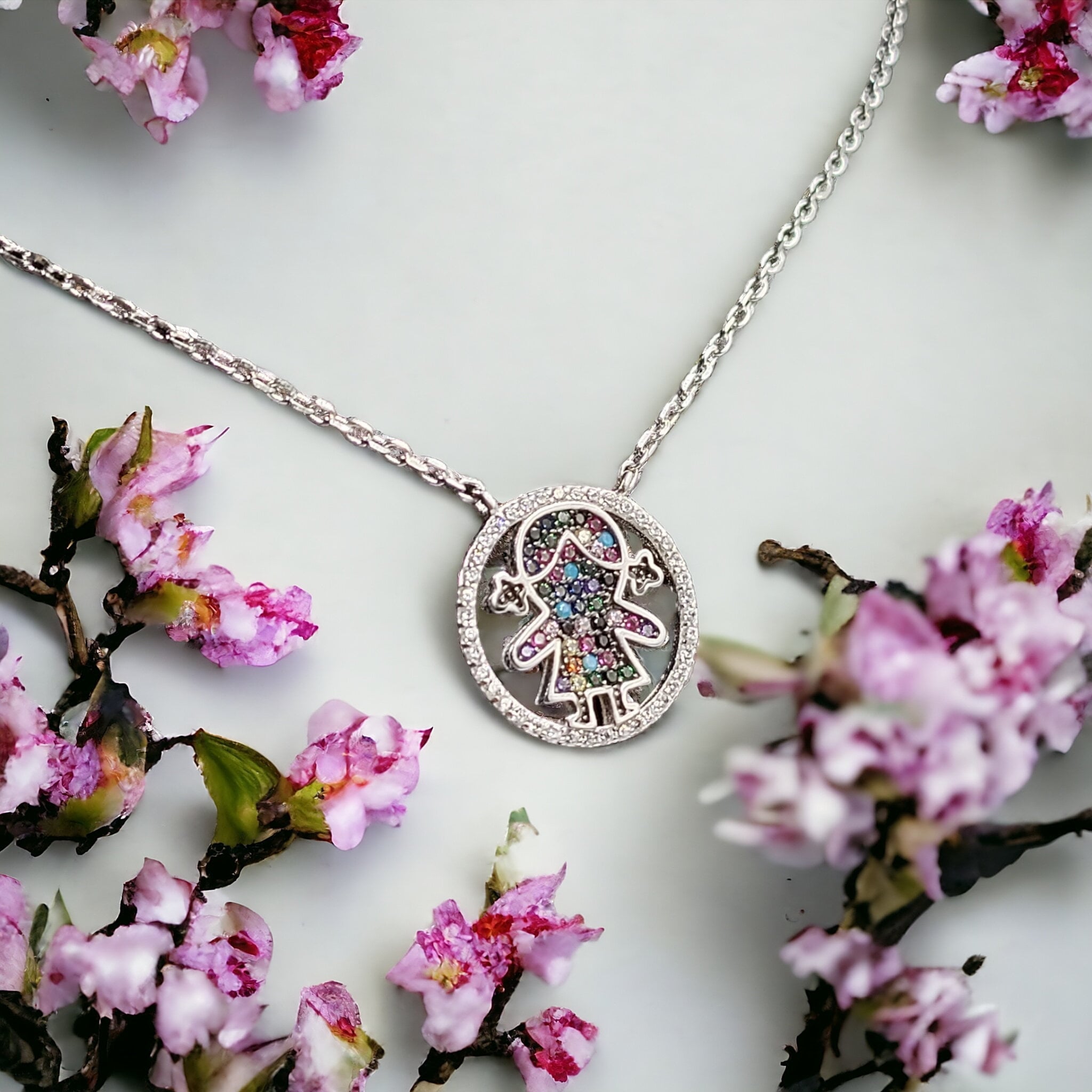 925 Sterling Silver Mutlicolor CZ Doll in the Circle Pendant Necklace Pendant set Lovely Minimalist Handmade Gift for Daughter