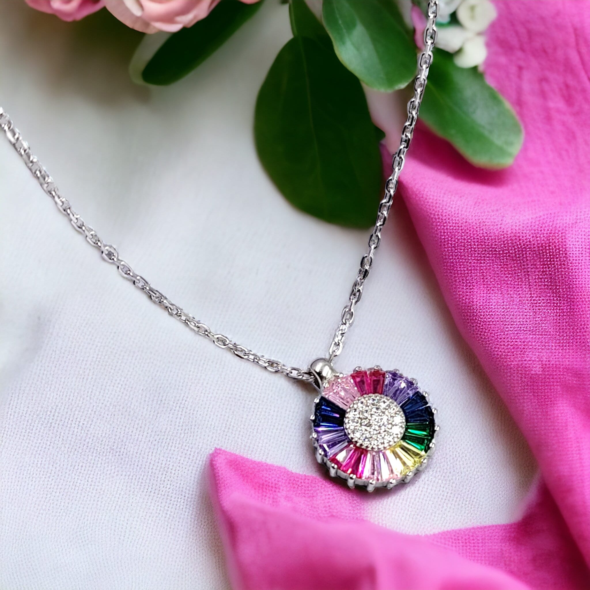 925 Sterling Silver Multi color Cubic Zirconia Floral Pendant Beautiful Necklace set Minimalist Handmade Gift for her