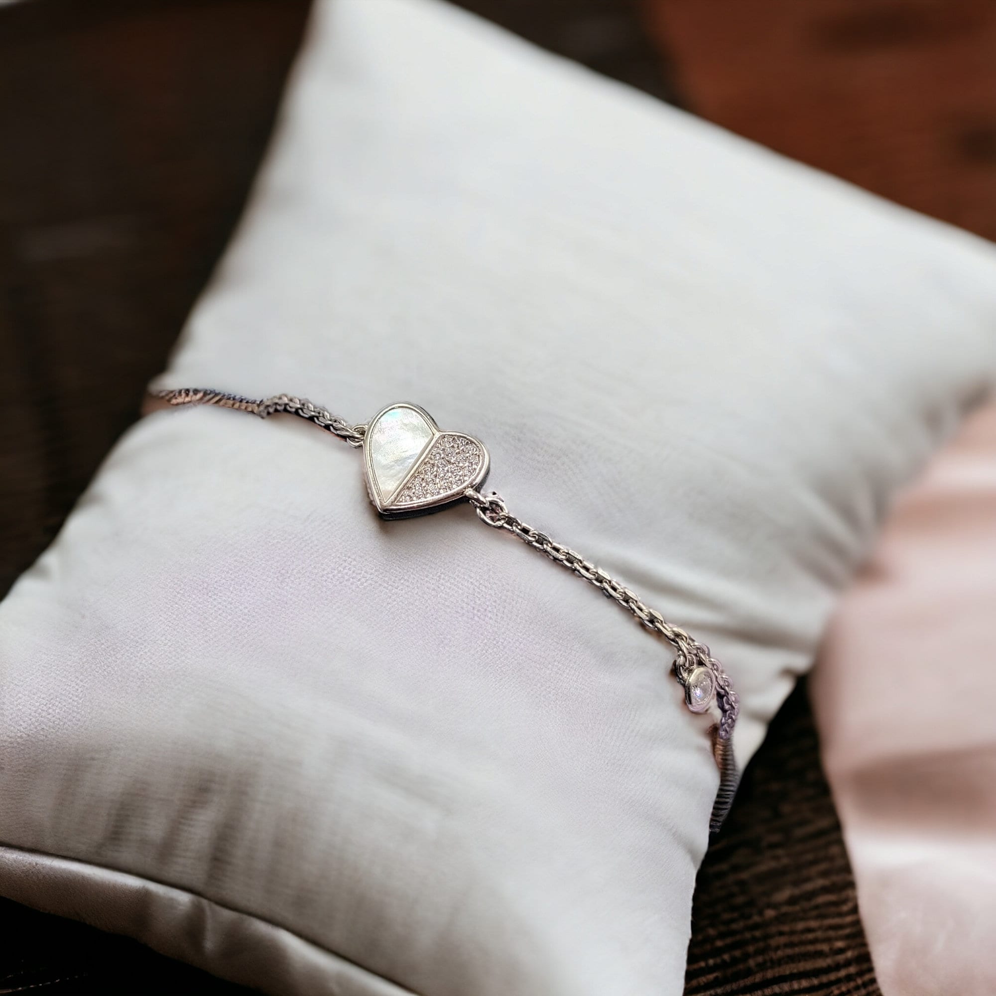 925 Sterling Silver Handmade White Heart Tennis Bracelet with CZ Stone Charm Minimalist Gift for lover Anniversary