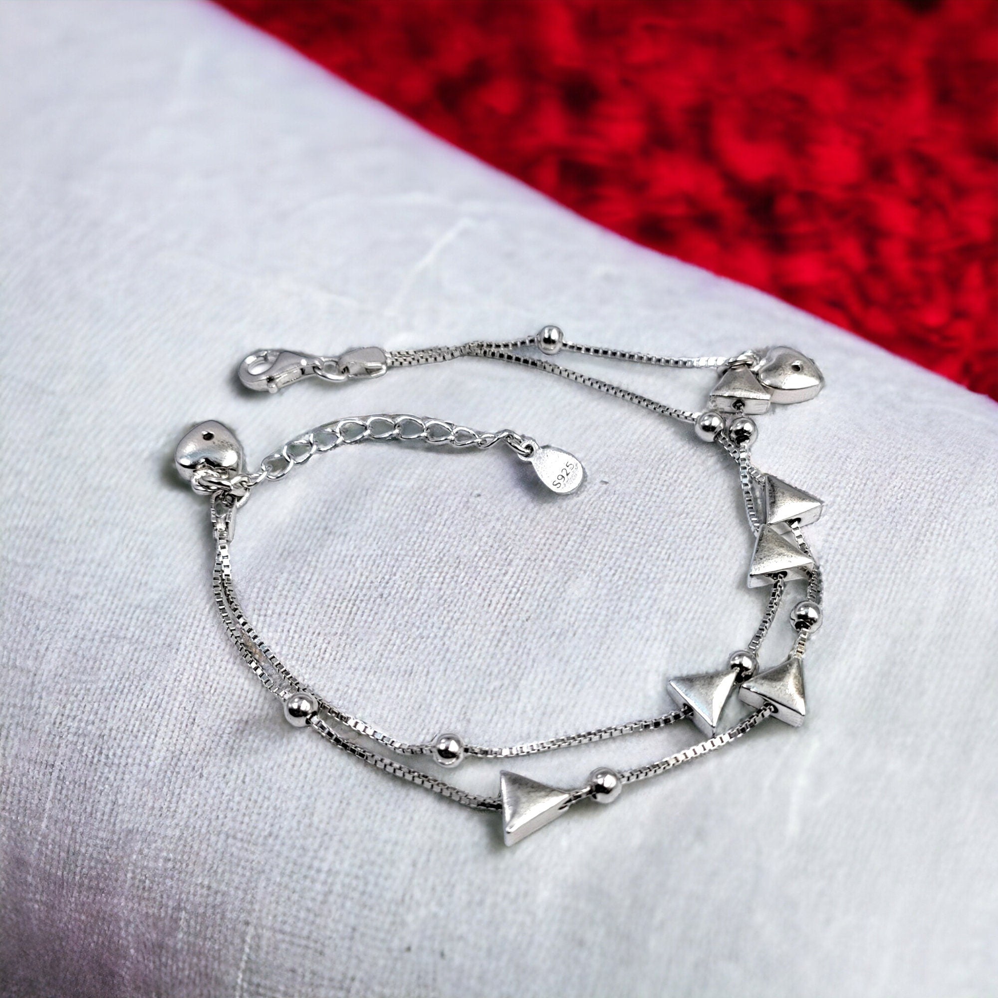 925 Sterling Silver Double layer Triangle Design Bracelet Minimalist Gift for Mother,Daughter,Wife