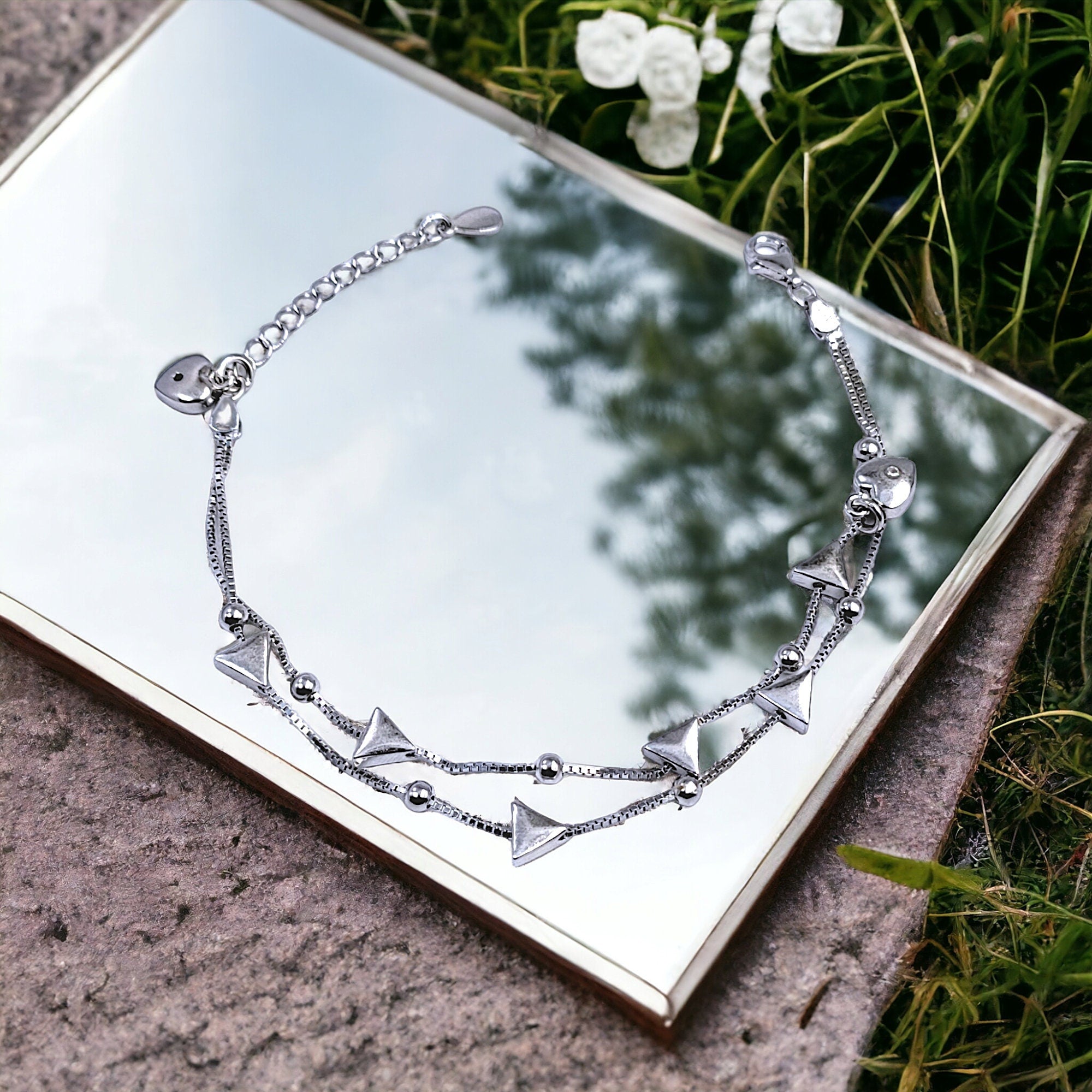 925 Sterling Silver Double layer Triangle Design Bracelet Minimalist Gift for Mother,Daughter,Wife