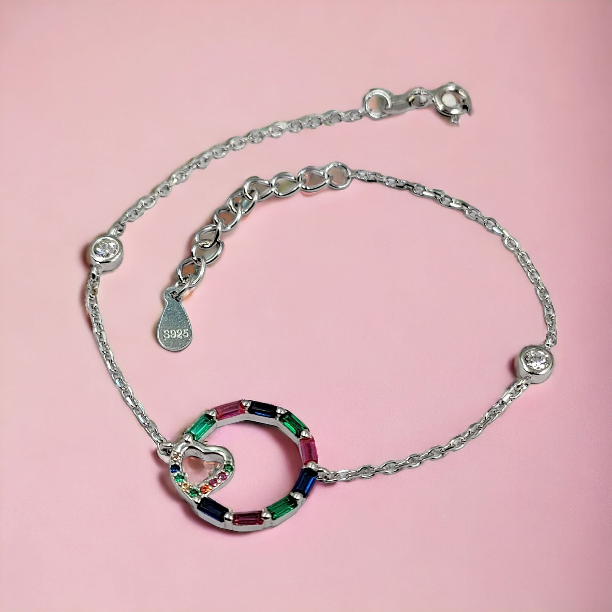 Multi Color Stone Circle with heart 925 Sterling Silver Pretty Minimalist Lovely Bracelet Beautiful Gift for Girlfriend,Daughter,Wife