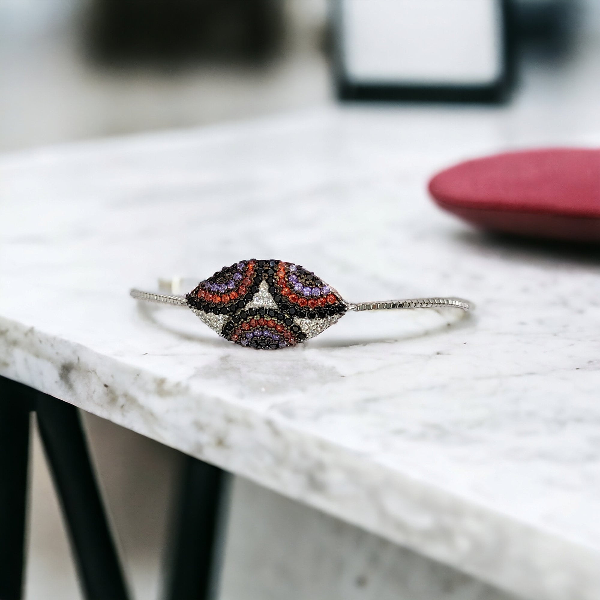 Black Multi Color Stone Solid Silver Pretty Minimalist Adjustable Bracelet Beautiful Gift for Black Lover,Girlfriend,Daughter,Wife