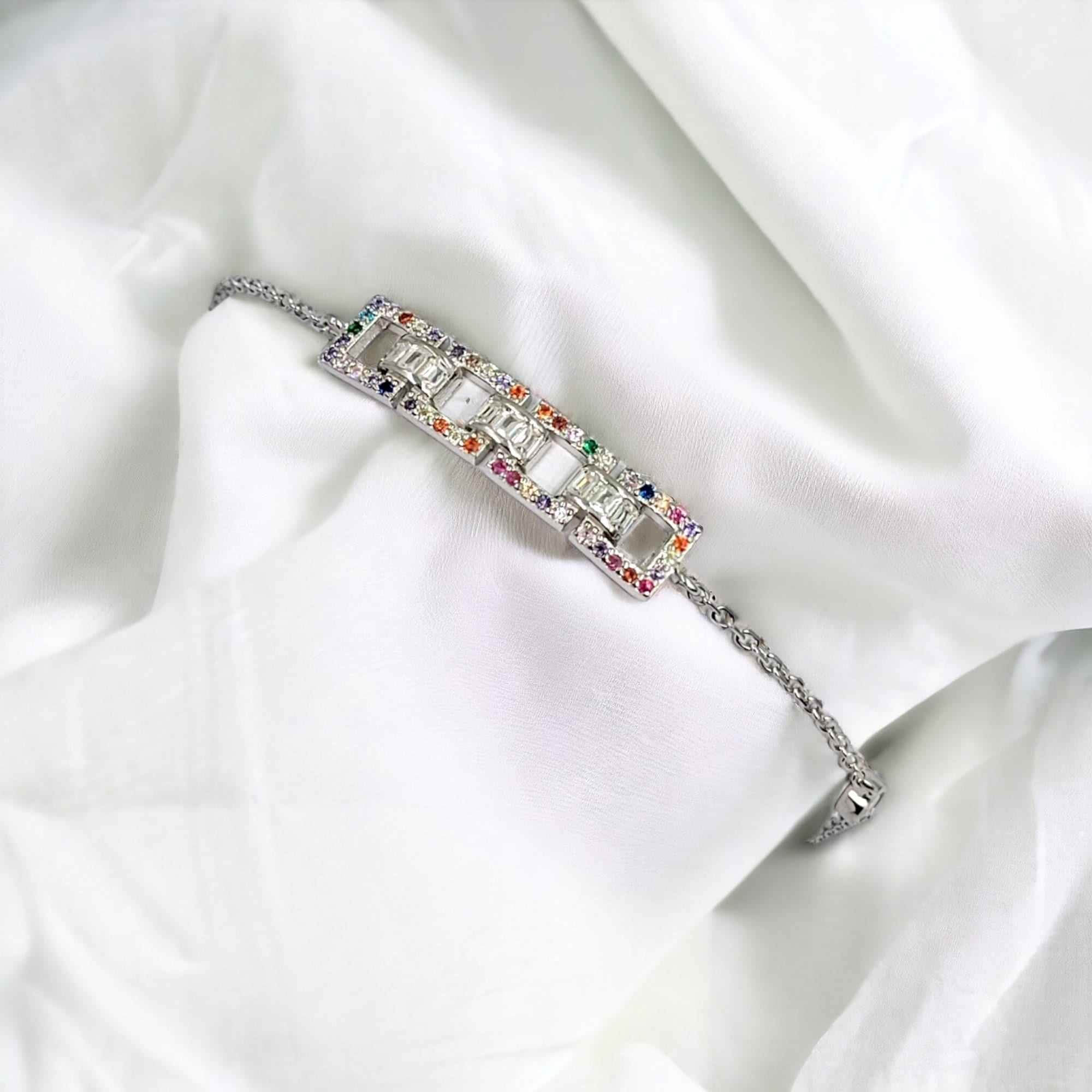 Solid Silver Multi color Stone CZ Pretty Tennis Bracelet Stylish Cubic Zirconia Art Gift for Anniversary,Birthday,Wedding,Girlfriend, Wife