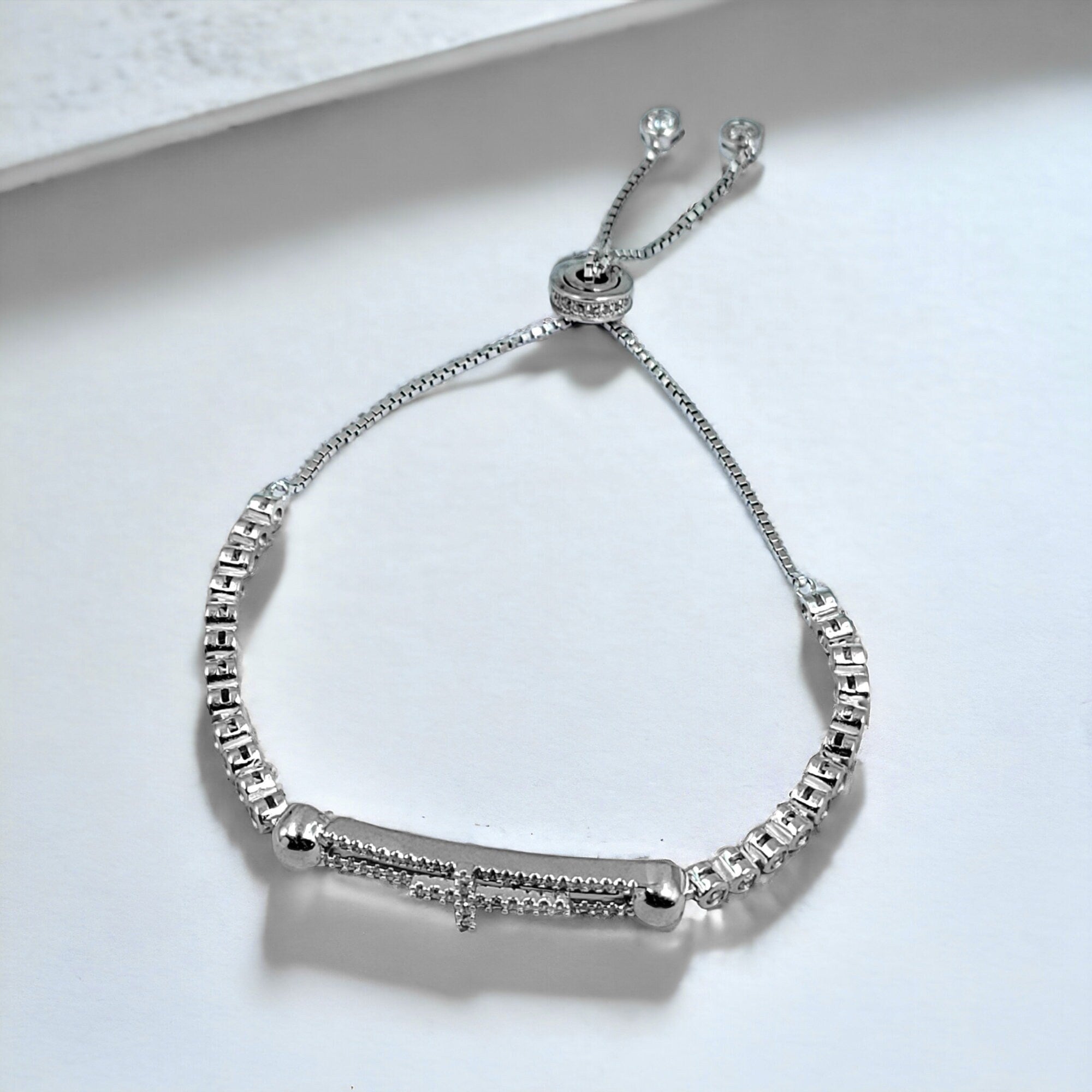 925 Sterling Silver White Stone CZ Pretty Tennis Bracelet Pave set diamond chain Adjustable Bracelet Minimal Gift for Christmas,New year