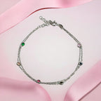 Multi Color Stone 925 Sterling Silver Pretty Minimalist Chain link Double layer Bracelet Beautiful Gift for Girlfriend,Daughter,Wife