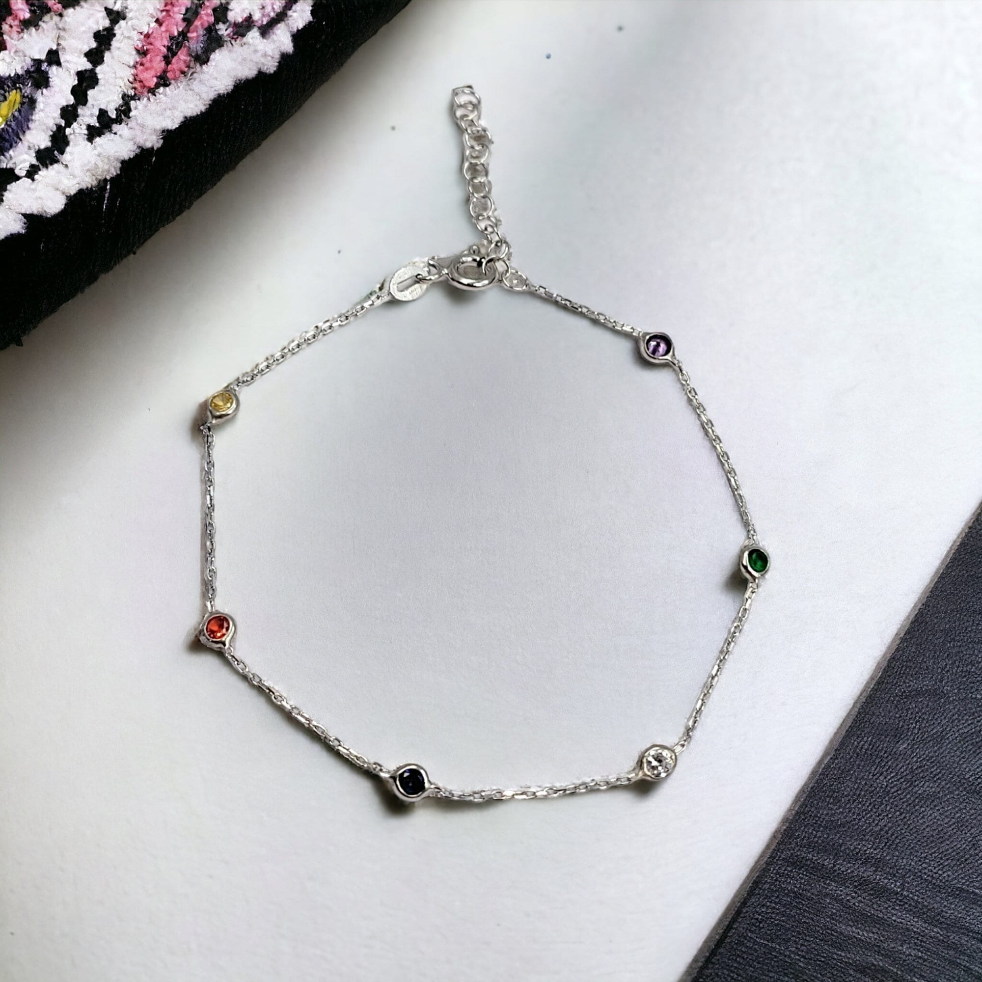 Multicolor CZ Stone 925 Sterling Silver Pretty Minimalist Chain link Bracelet in Beautiful Gift for Girlfriend,Daughter,Wife