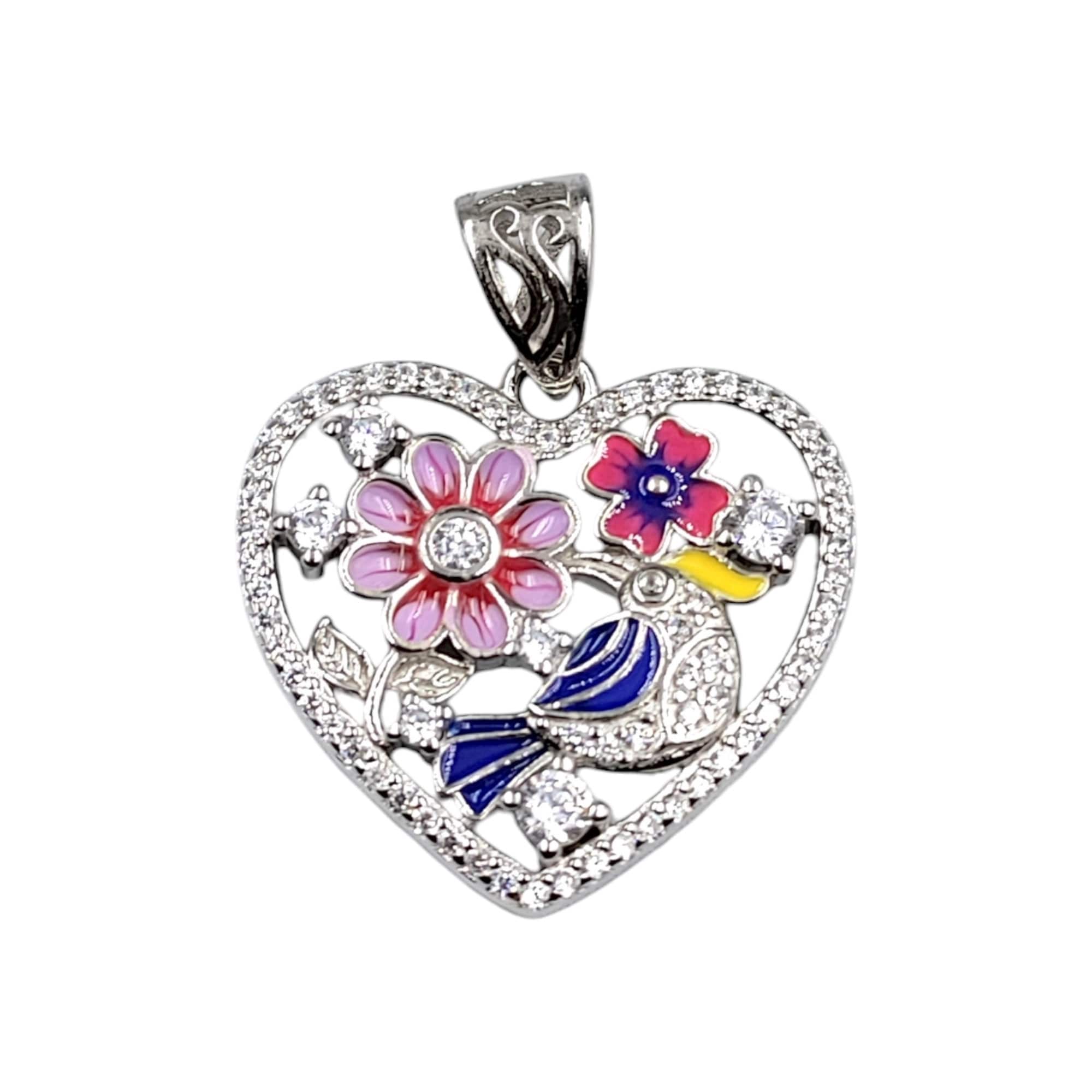 Heart Shape Floral Design Pendant 925 Sterling Silver Beautifully Crafted Enamel Pendant Floral CZ Jewelry Cute Handmade Jewellery