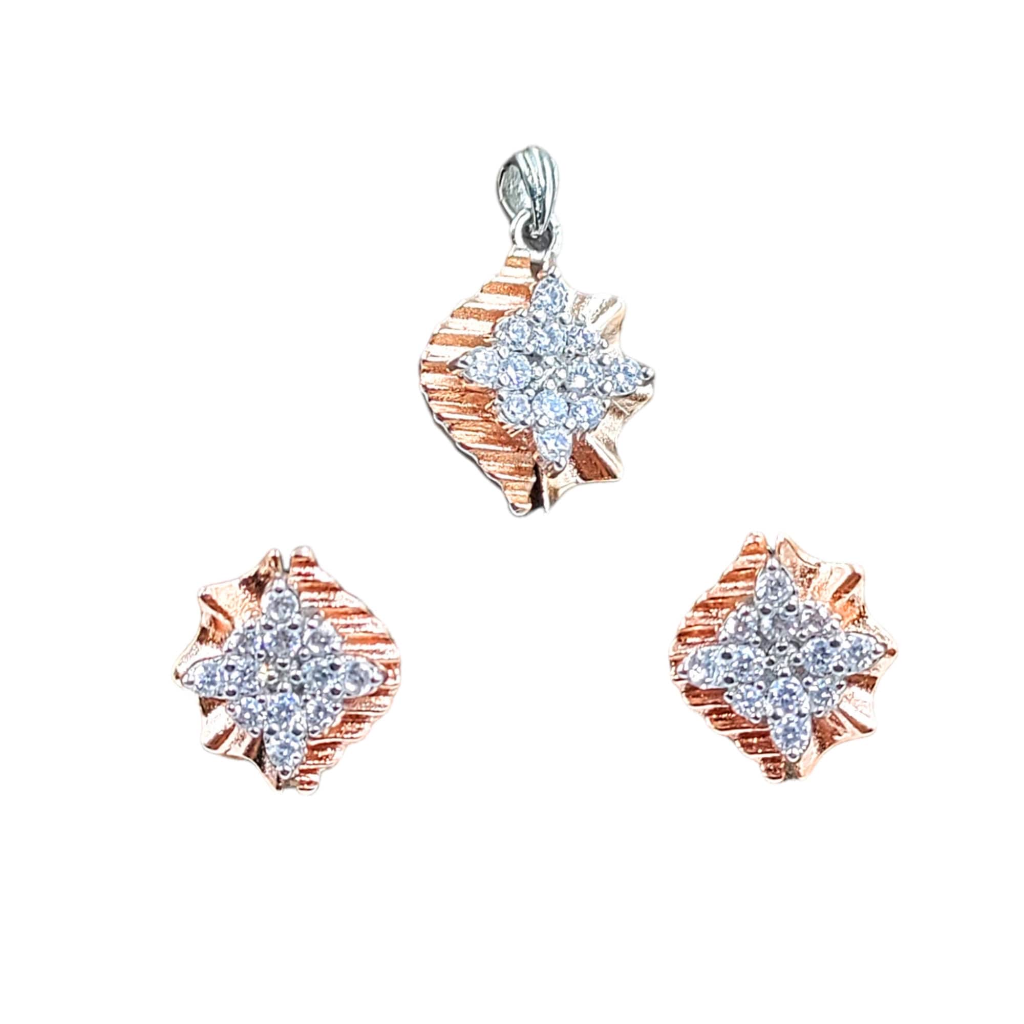 Beautifull 925 Sterling Silver Rose Gold Color White CZ Earrings Pendant Set Floral Earrings