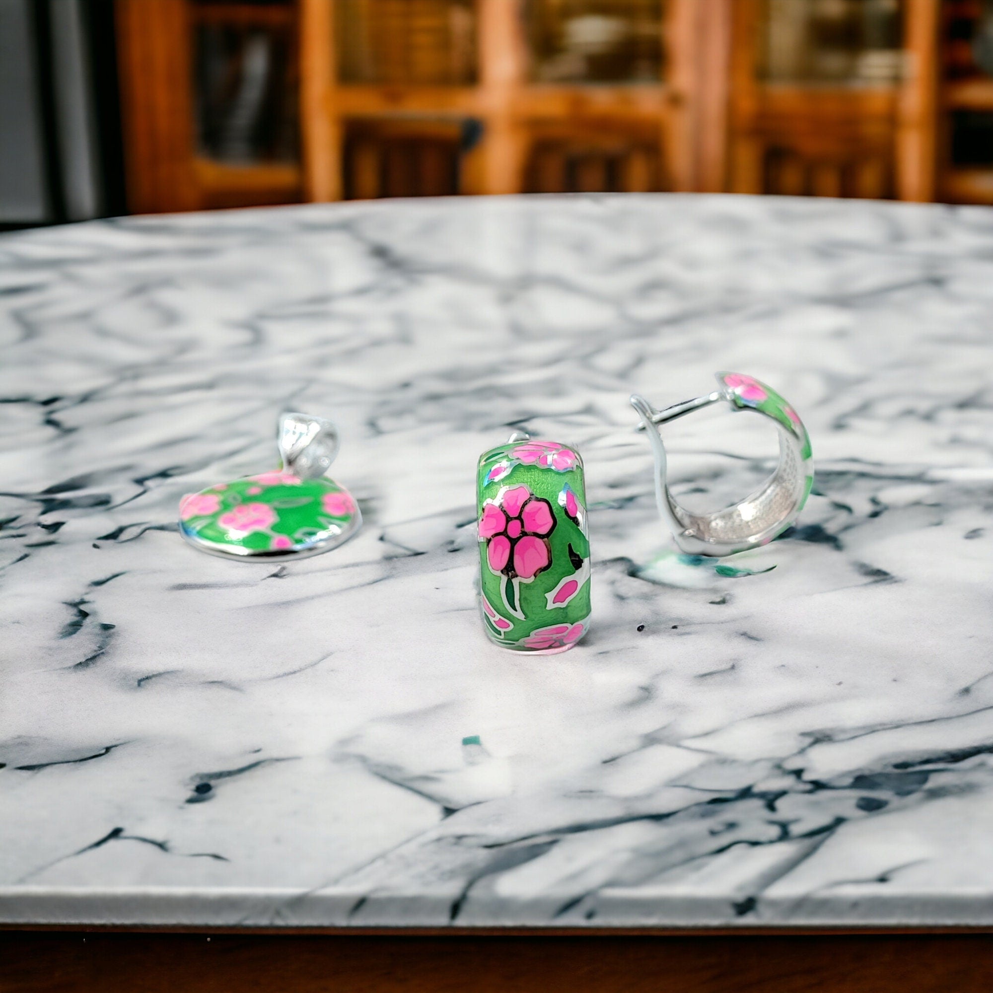 Blooming Green and Pink Pendant with English Lock Earrings 925 Sterling Silver Enamel CZ Set Cubic Floral Design Minimalist Handmade Gift