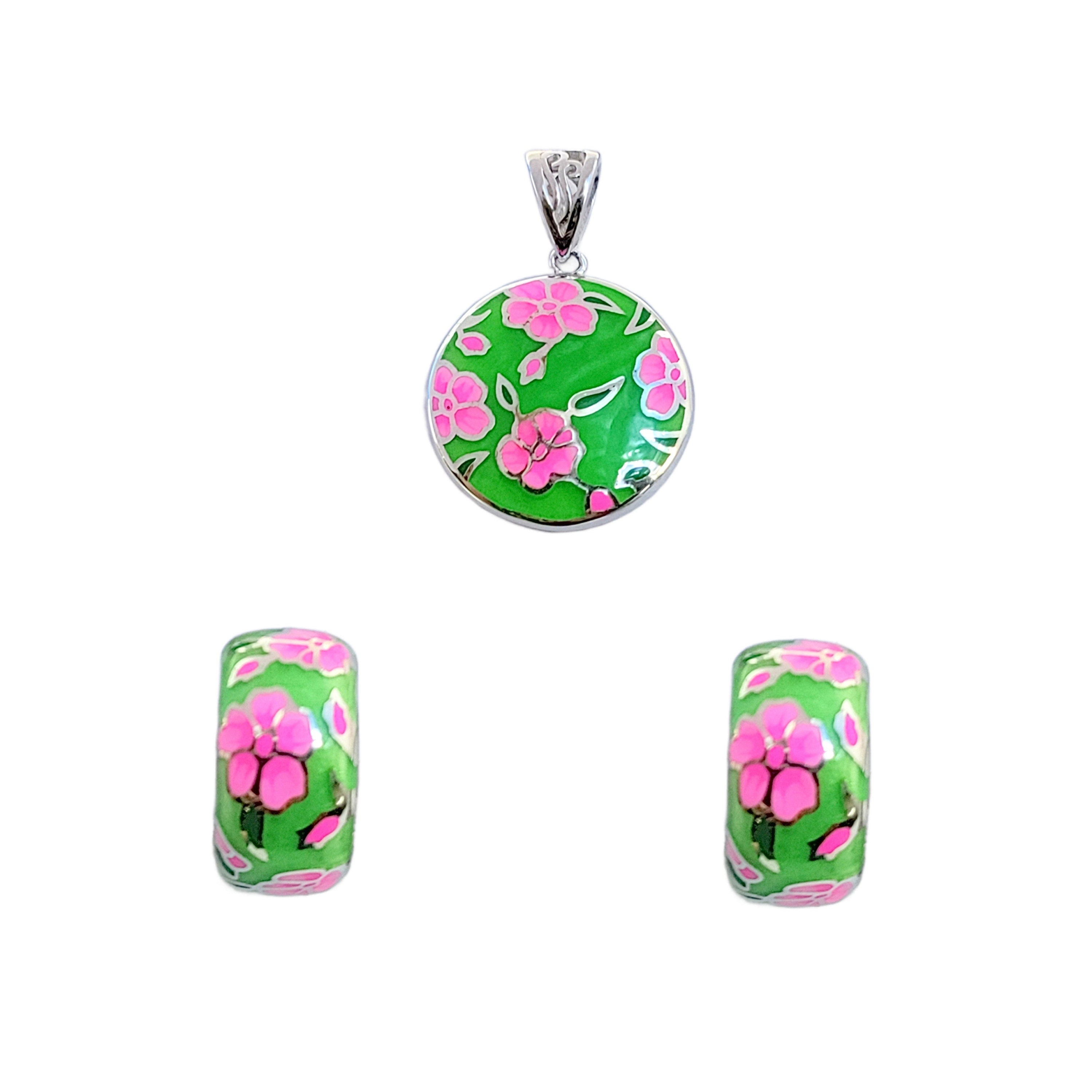 Blooming Green and Pink Pendant with English Lock Earrings 925 Sterling Silver Enamel CZ Set Cubic Floral Design Minimalist Handmade Gift