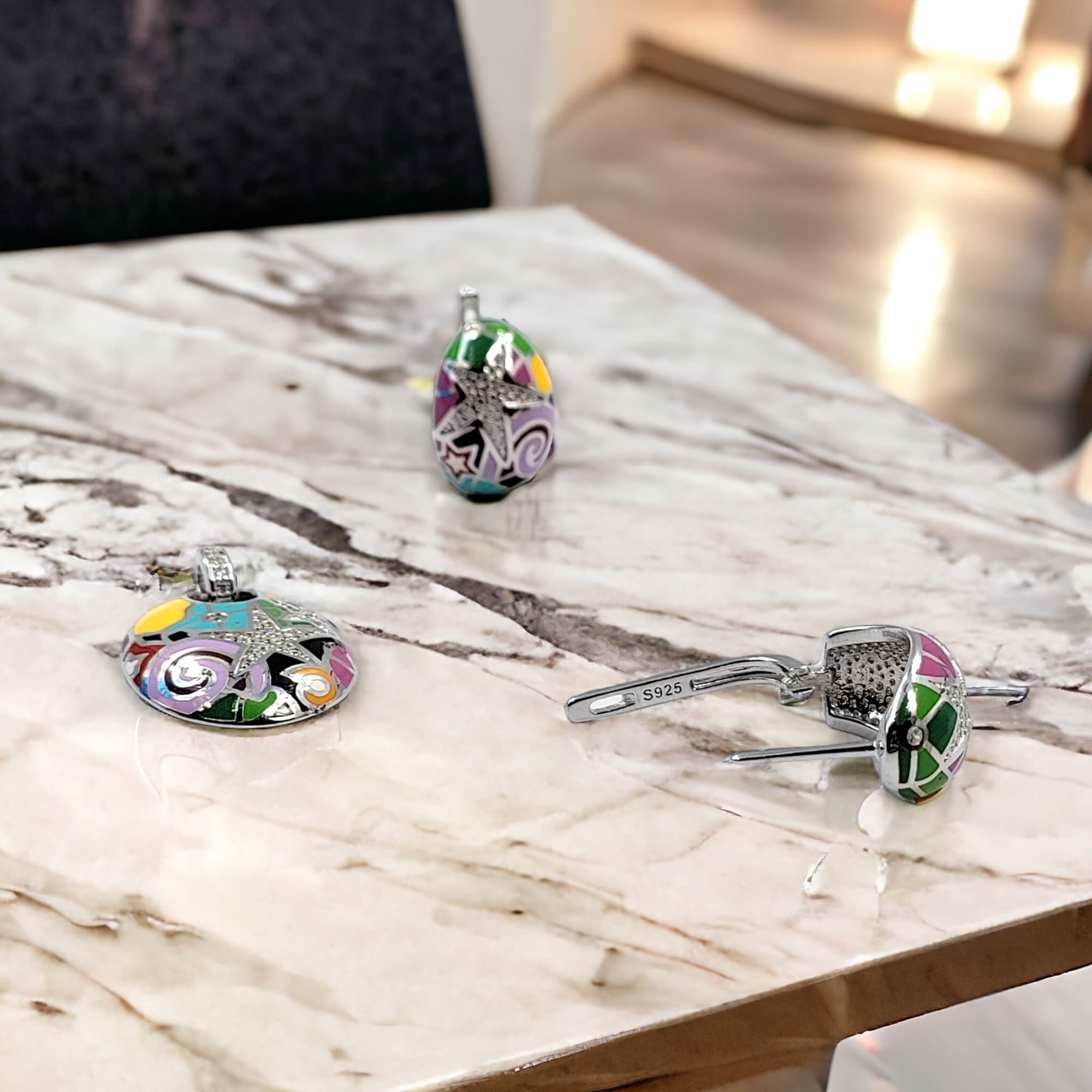 Luxury Fine Jewelry CZ Star With Multicolor enamel Pendant with English Lock Earrings 925 Sterling Silver Set Minimalist Handmade Gift