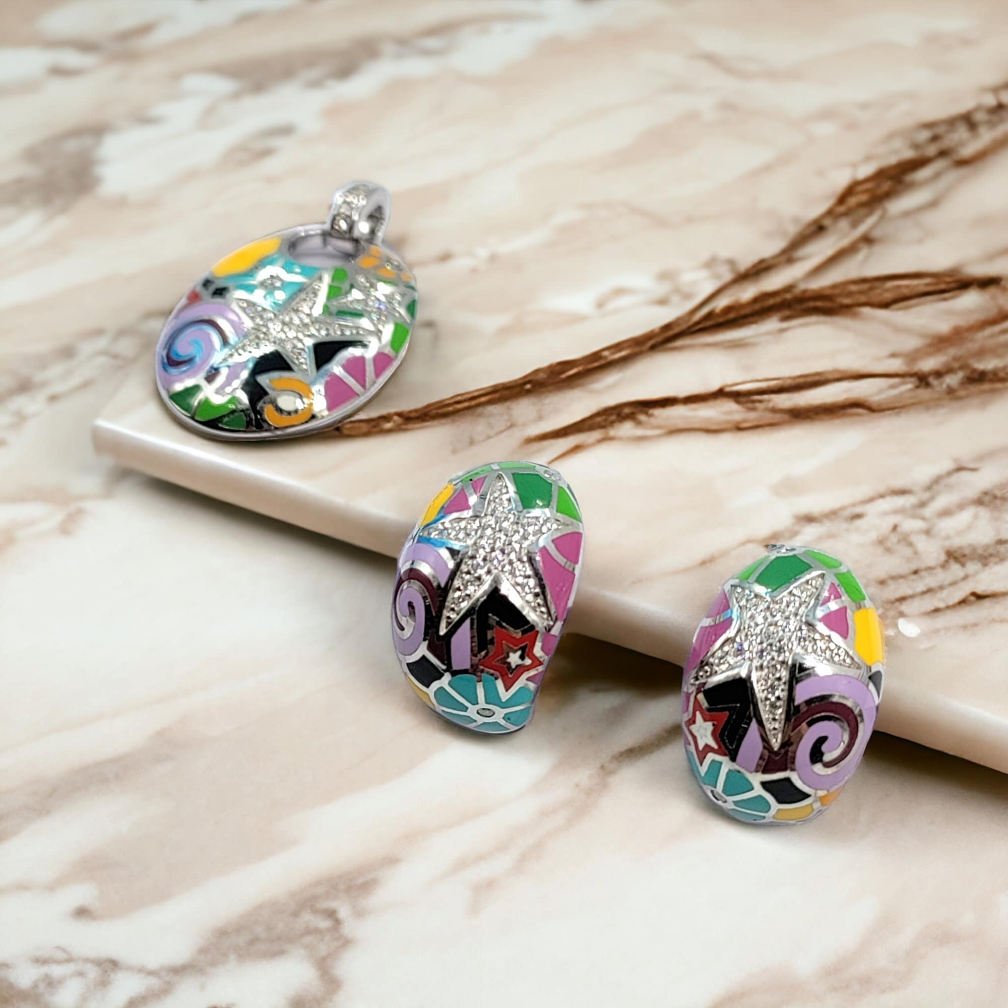 Luxury Fine Jewelry CZ Star With Multicolor enamel Pendant with English Lock Earrings 925 Sterling Silver Set Minimalist Handmade Gift