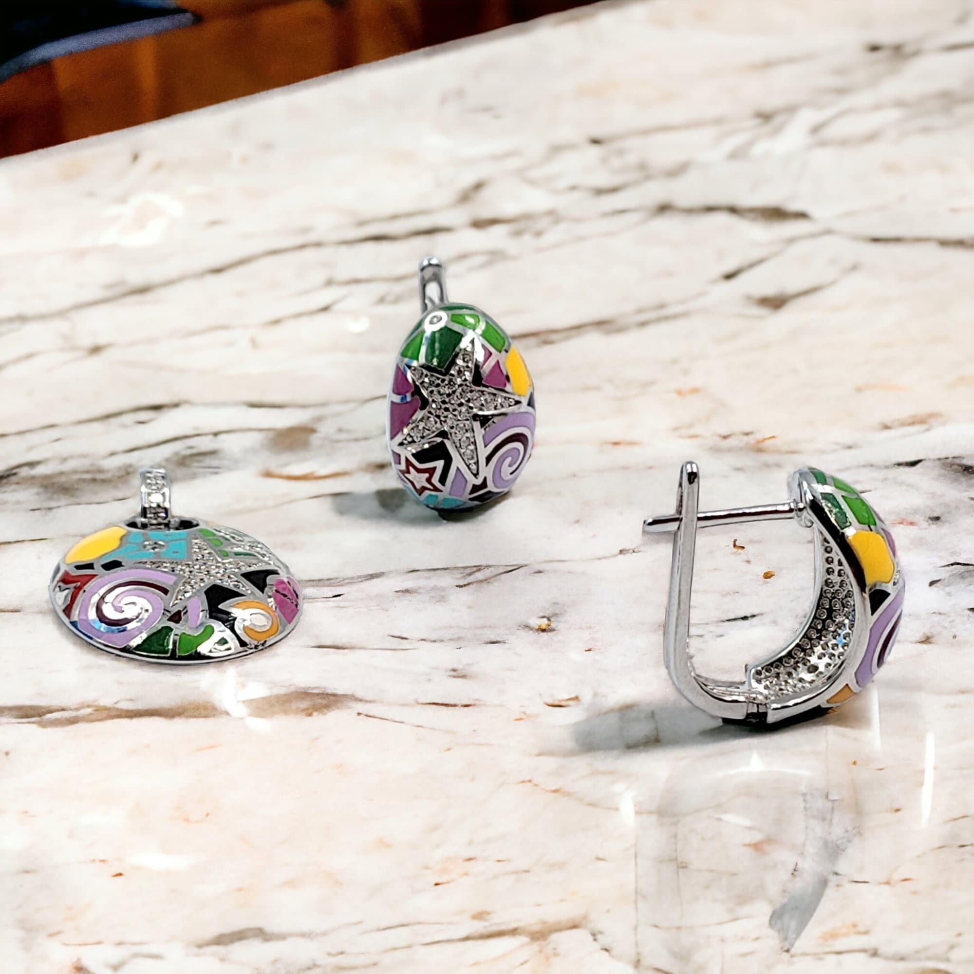 Luxury Fine Jewelry CZ Star With Multicolor enamel Pendant with English Lock Earrings 925 Sterling Silver Set Minimalist Handmade Gift