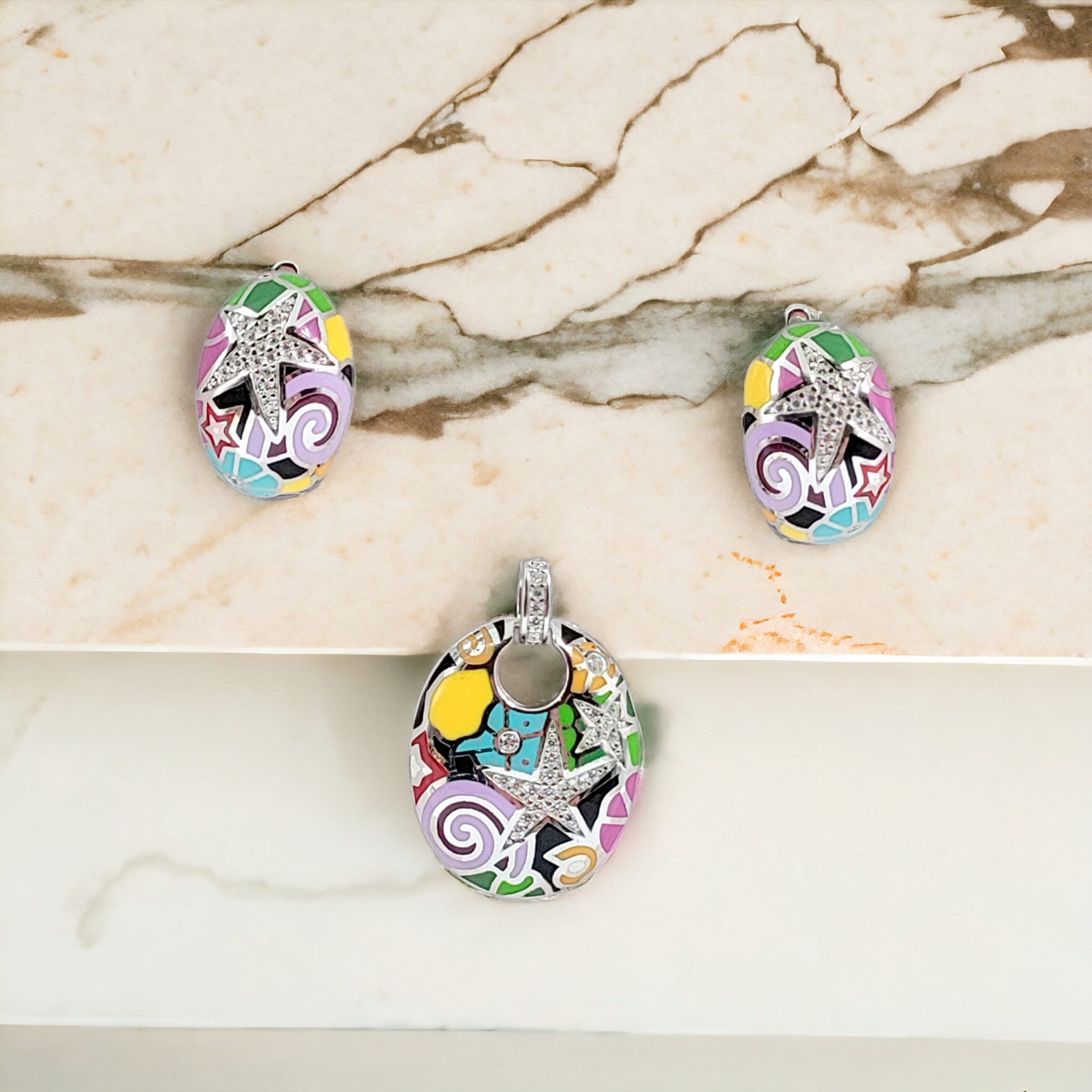 Luxury Fine Jewelry CZ Star With Multicolor enamel Pendant with English Lock Earrings 925 Sterling Silver Set Minimalist Handmade Gift