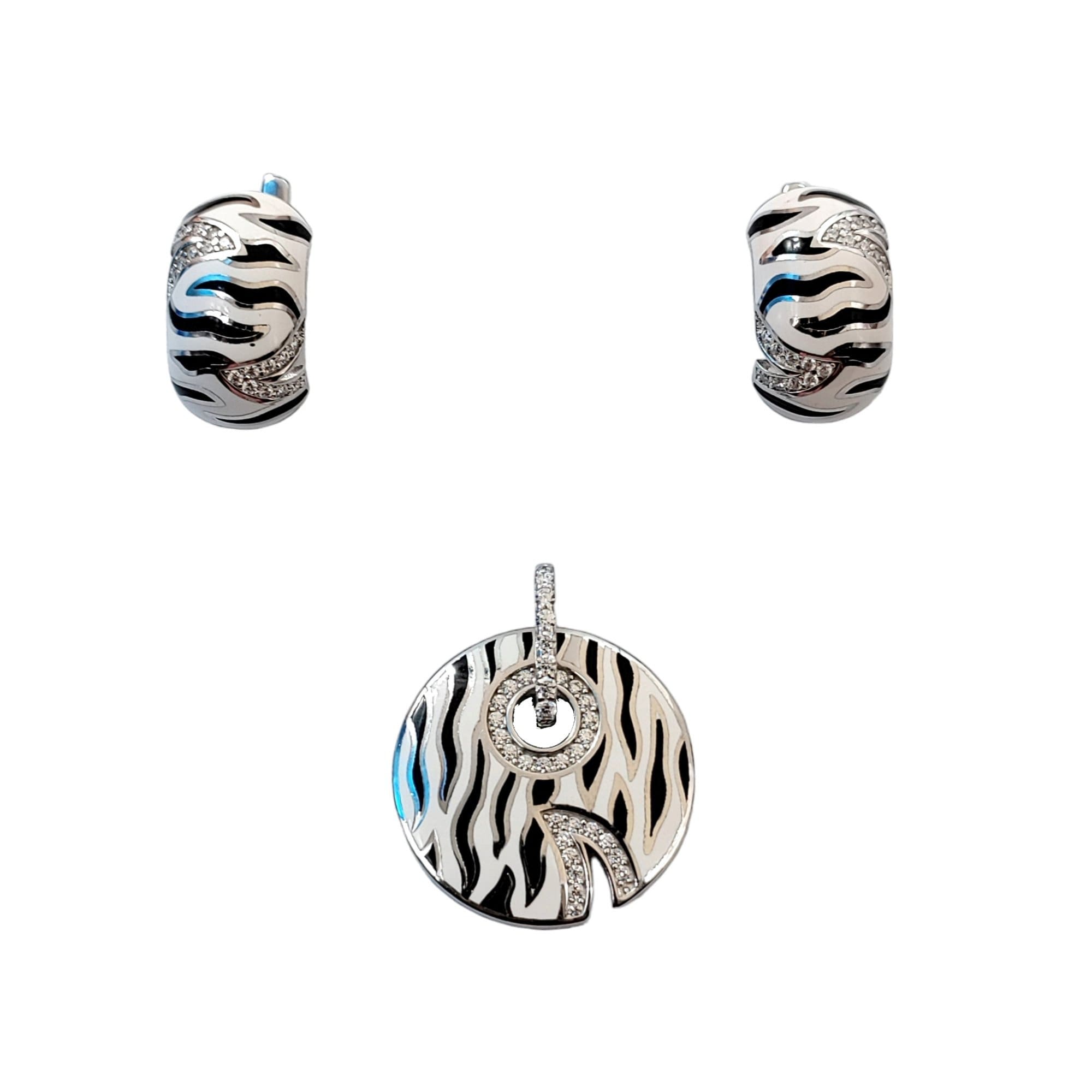 925 Sterling Silver Black and White Strips Pendant Earring Set With Pave Set CZ Stones Luxury Enamel Fine Jewelry Minimalist Handmade Gift