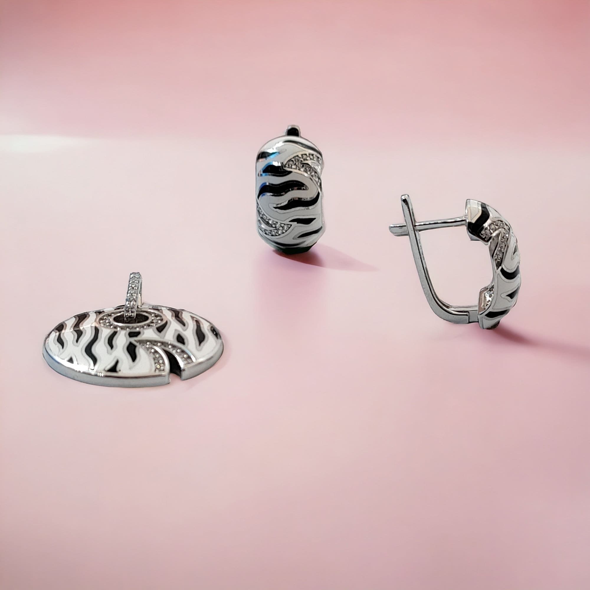 925 Sterling Silver Black and White Strips Pendant Earring Set With Pave Set CZ Stones Luxury Enamel Fine Jewelry Minimalist Handmade Gift