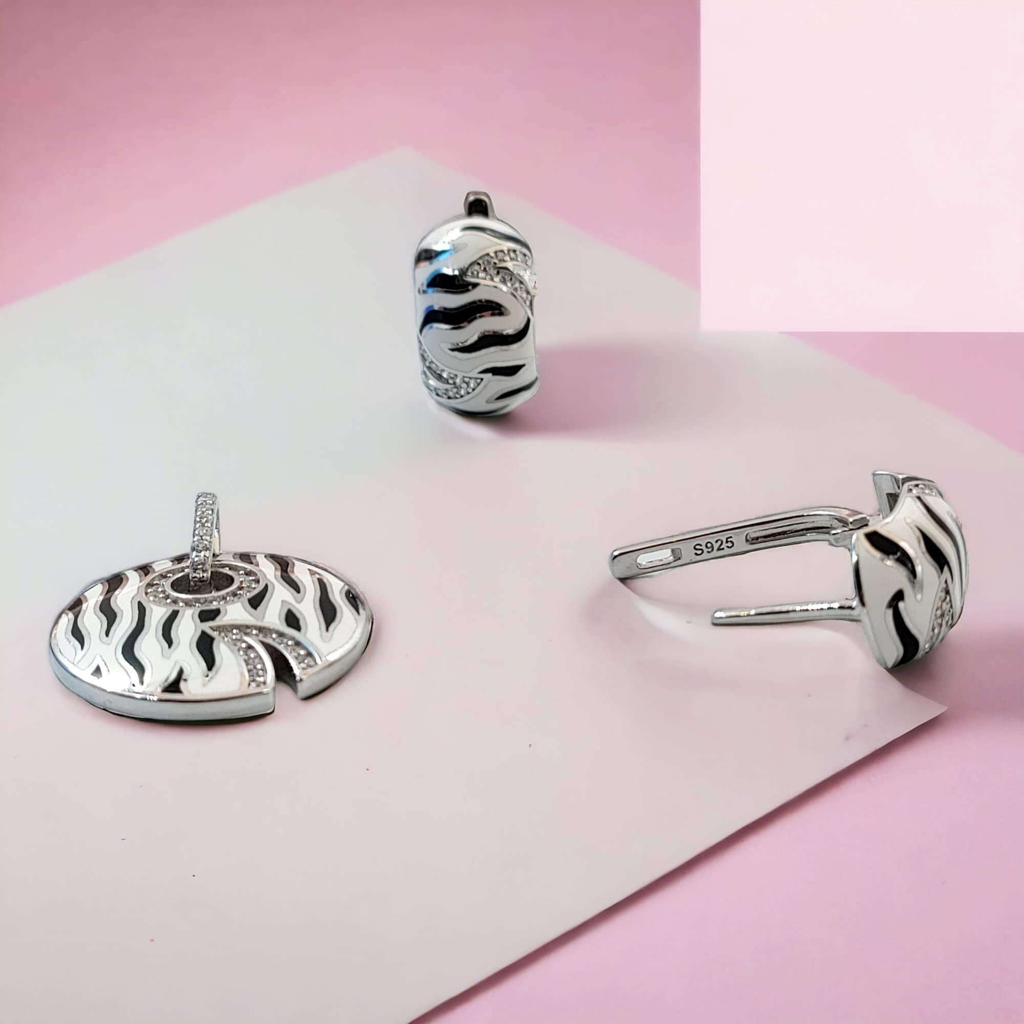 925 Sterling Silver Black and White Strips Pendant Earring Set With Pave Set CZ Stones Luxury Enamel Fine Jewelry Minimalist Handmade Gift