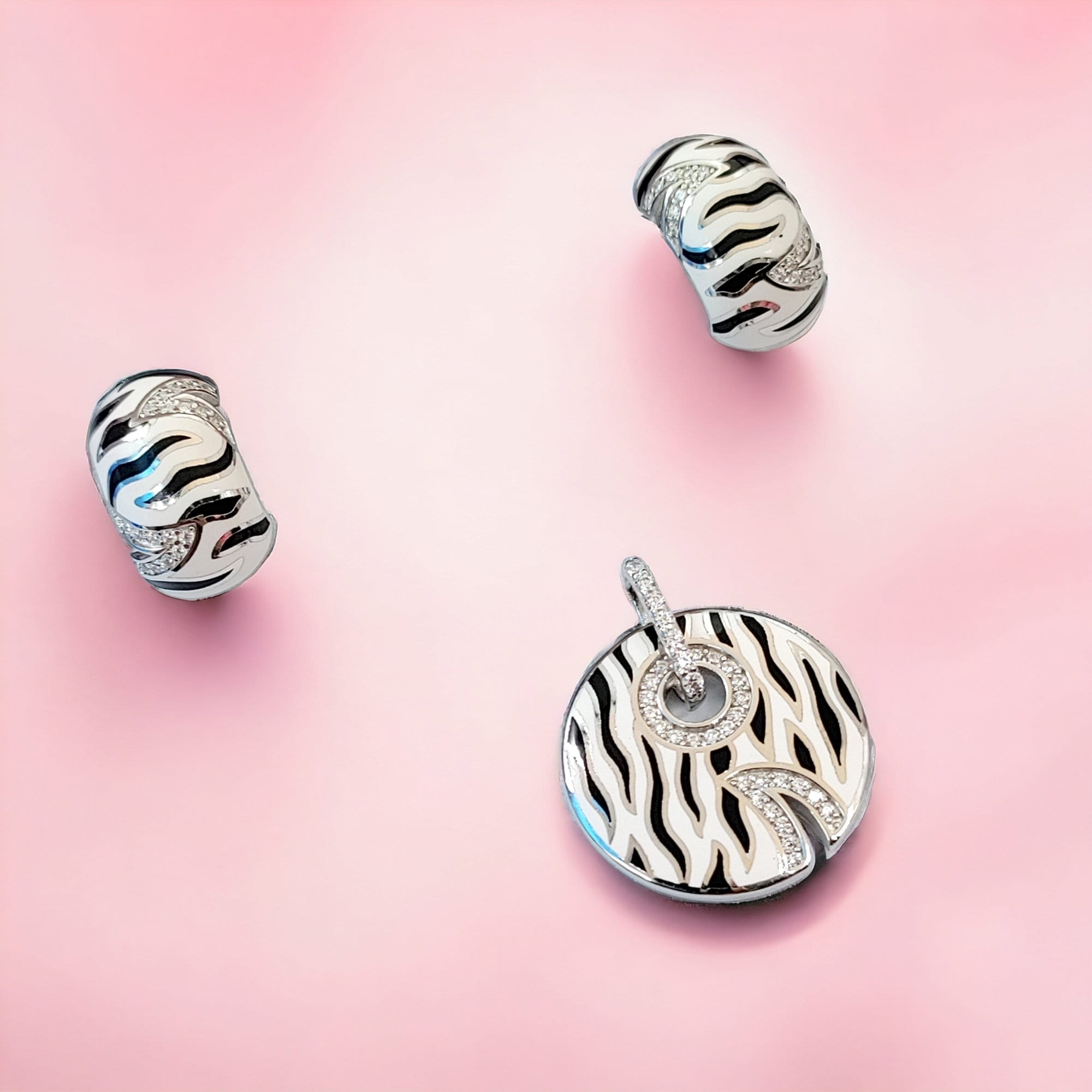 925 Sterling Silver Black and White Strips Pendant Earring Set With Pave Set CZ Stones Luxury Enamel Fine Jewelry Minimalist Handmade Gift