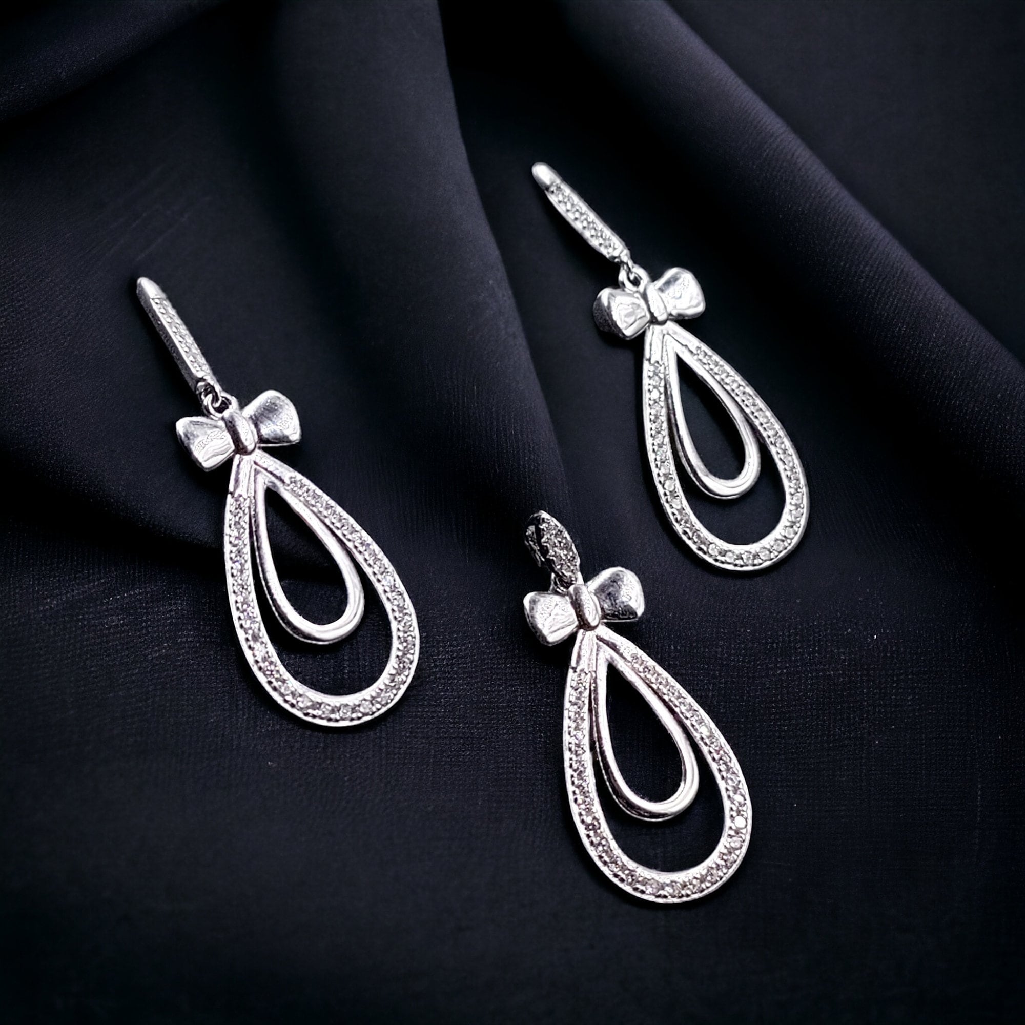 925 Sterling Silver Pear Shape Ribbon Bow with Tear Drop Design Round CZ Stone Drop Dangle Earrings Minimalist Handmade Wedding Gift