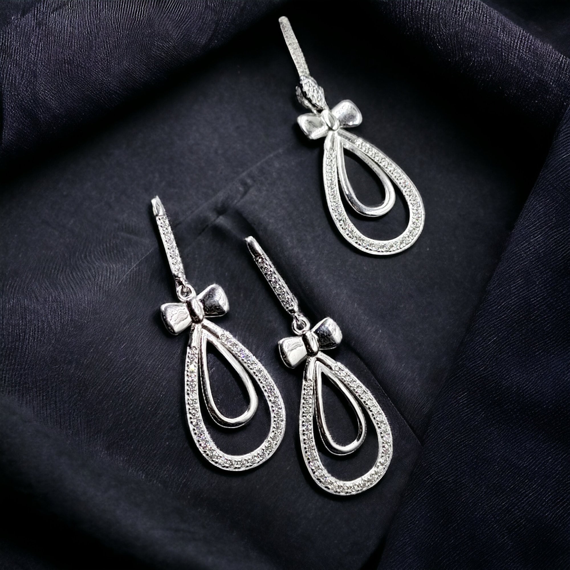 925 Sterling Silver Pear Shape Ribbon Bow with Tear Drop Design Round CZ Stone Drop Dangle Earrings Minimalist Handmade Wedding Gift