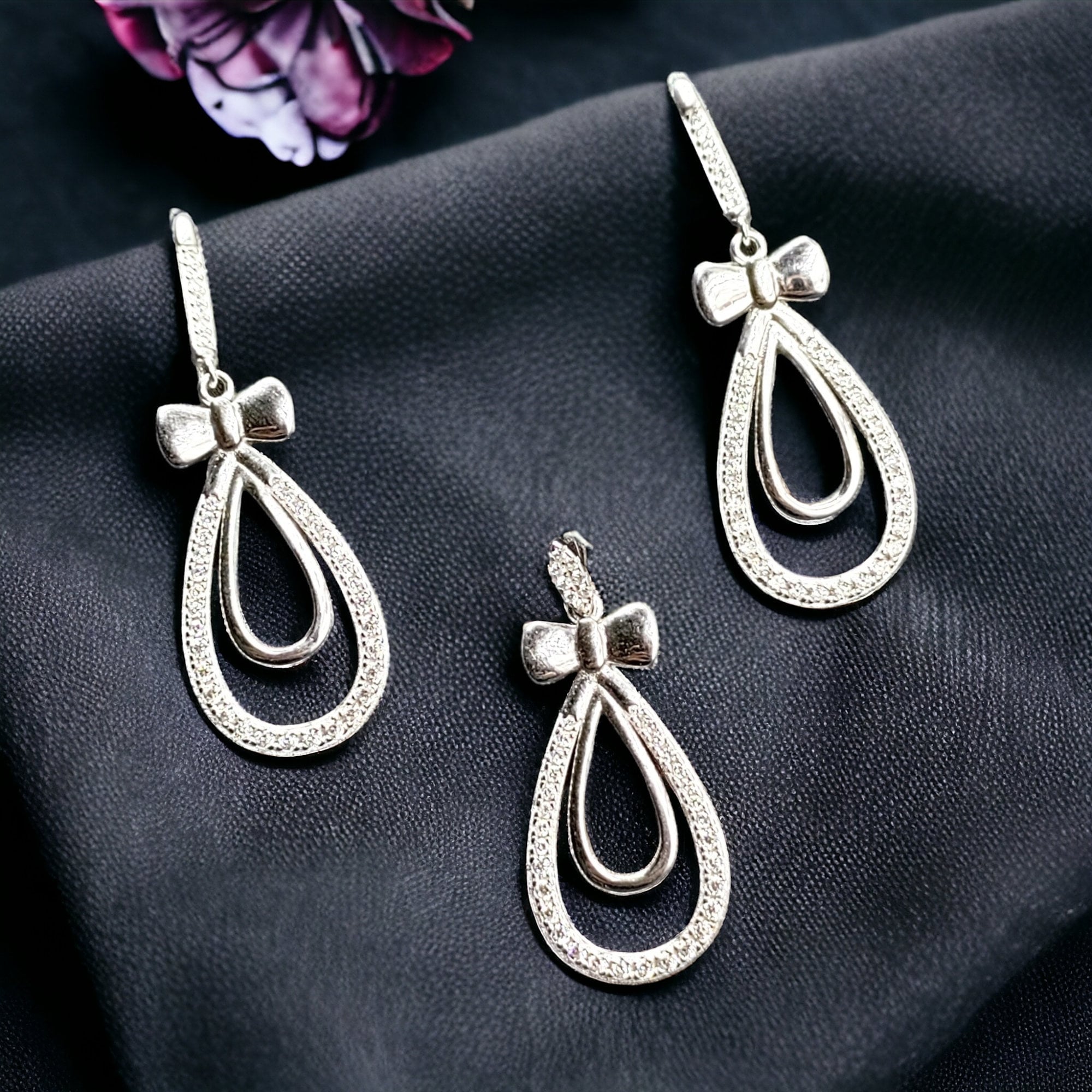 925 Sterling Silver Pear Shape Ribbon Bow with Tear Drop Design Round CZ Stone Drop Dangle Earrings Minimalist Handmade Wedding Gift