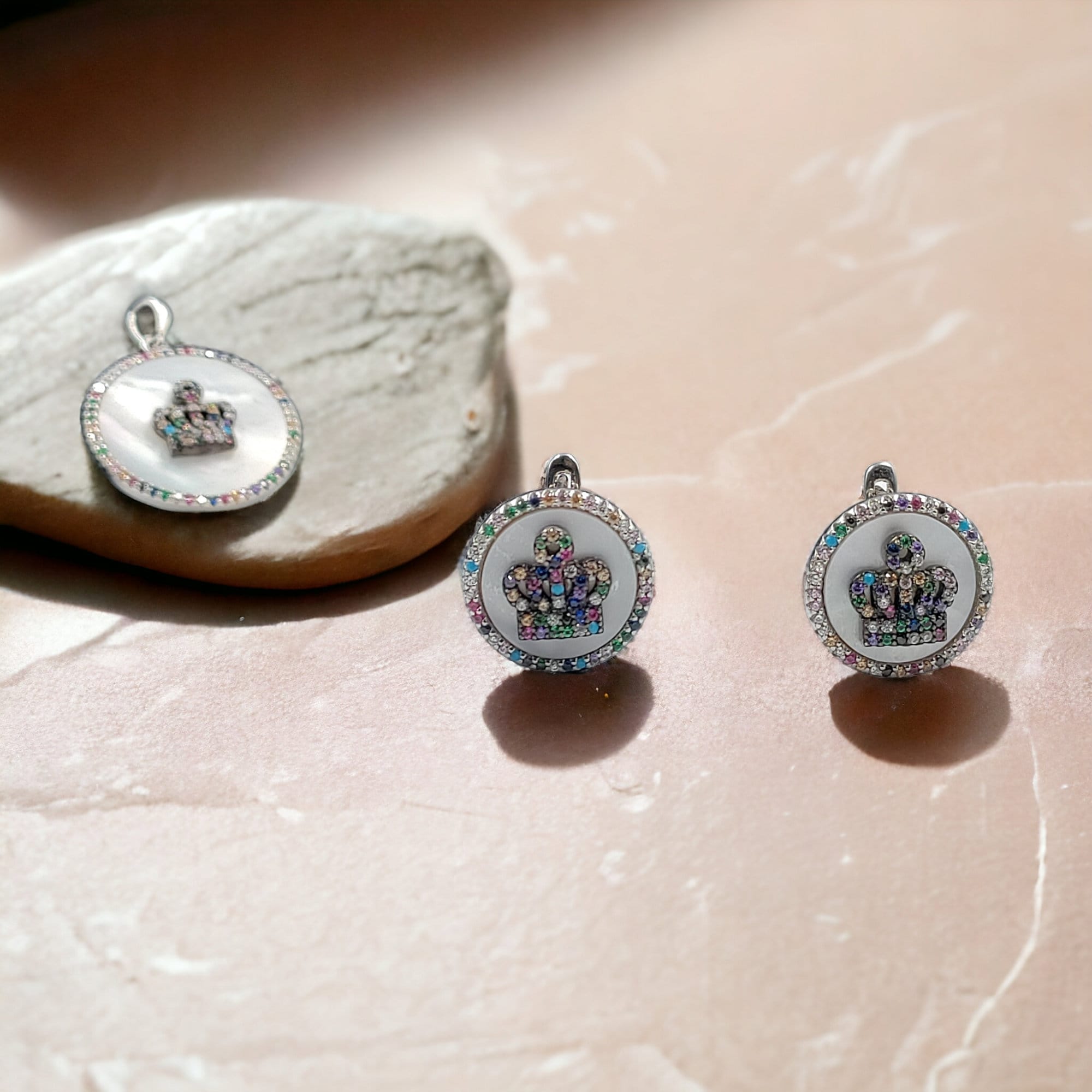 925 Sterling Silver Multicolor Cubic Zirconia Mini Crown Circle Shape Pendant Earring with English Lock Set Minimalist Handmade Gift