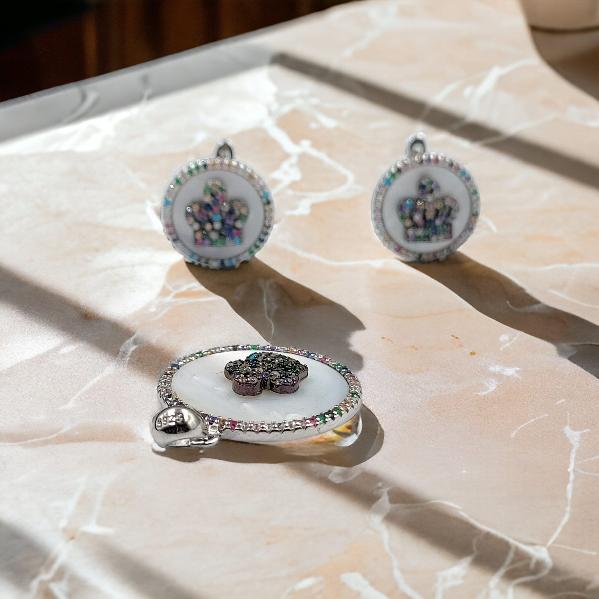 925 Sterling Silver Multicolor Cubic Zirconia Mini Crown Circle Shape Pendant Earring with English Lock Set Minimalist Handmade Gift