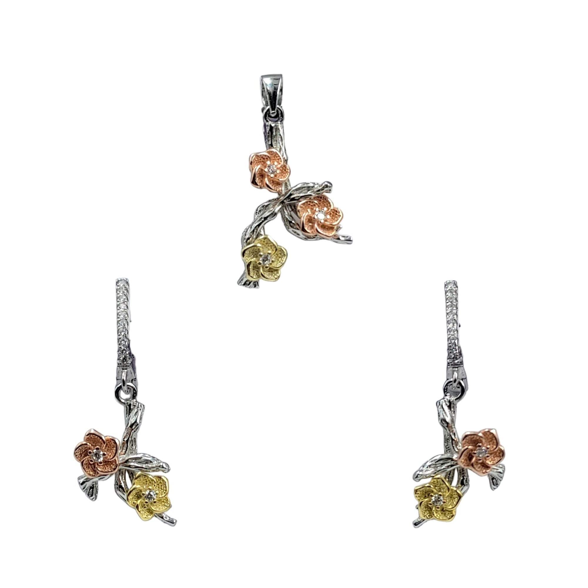 Minimalist Pretty Floral Rose Dangle Drop Earrings With English Lock and Pendant Set 925 Sterling Silver Handmade Gift